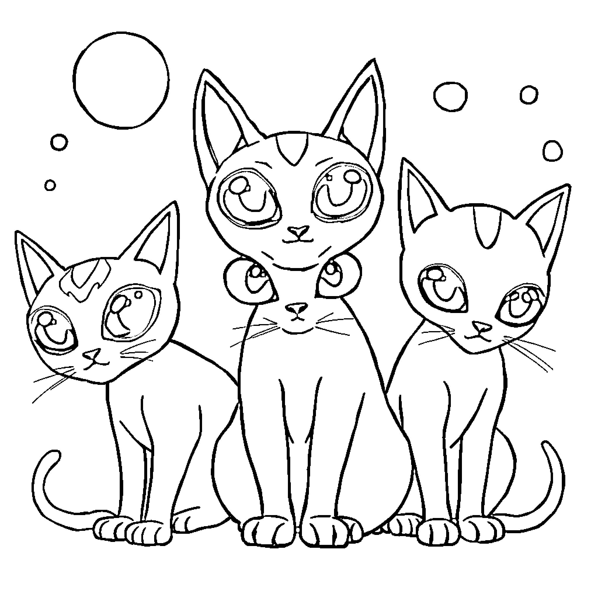 Alien Cats enjoying a playful moment Coloring Page (free black-and-white line drawing printable PDF for all, from beginners to advanced learners, including children, teens, adults, and seniors)