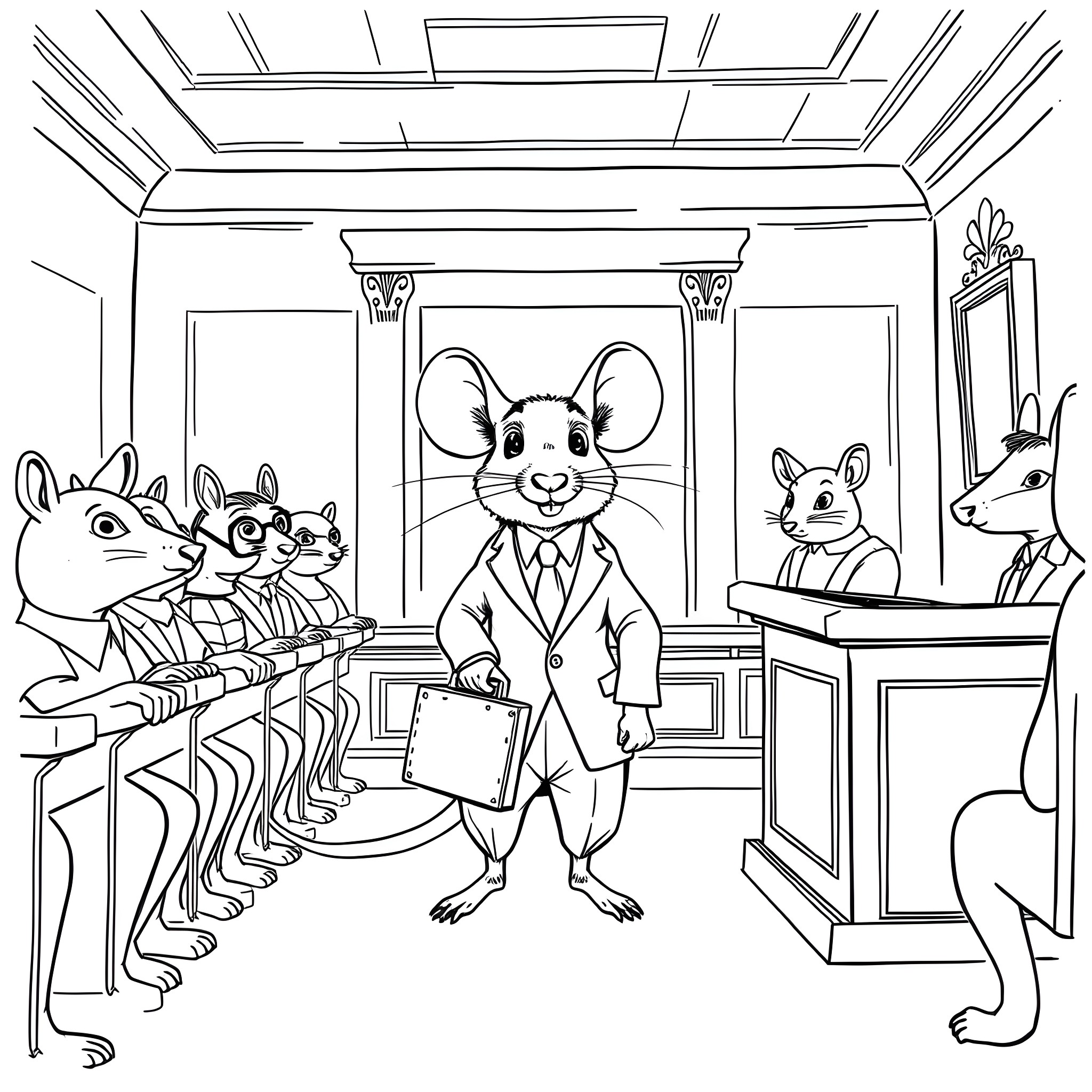 Rat businessman and his rodent colleagues in the office Coloring Page (free black-and-white line drawing printable PDF for all, from beginners to advanced learners, including children, teens, adults, and seniors)