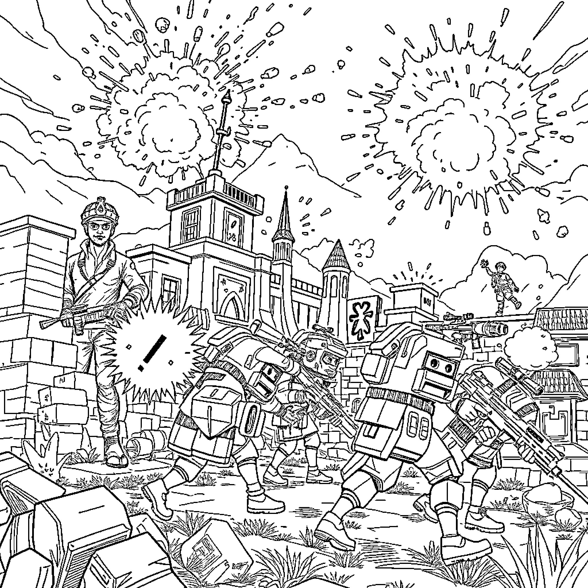 Fortnite Action-Packed Adventure in the City Coloring Page (free black-and-white line drawing printable PDF for all, from beginners to advanced learners, including children, teens, adults, and seniors)