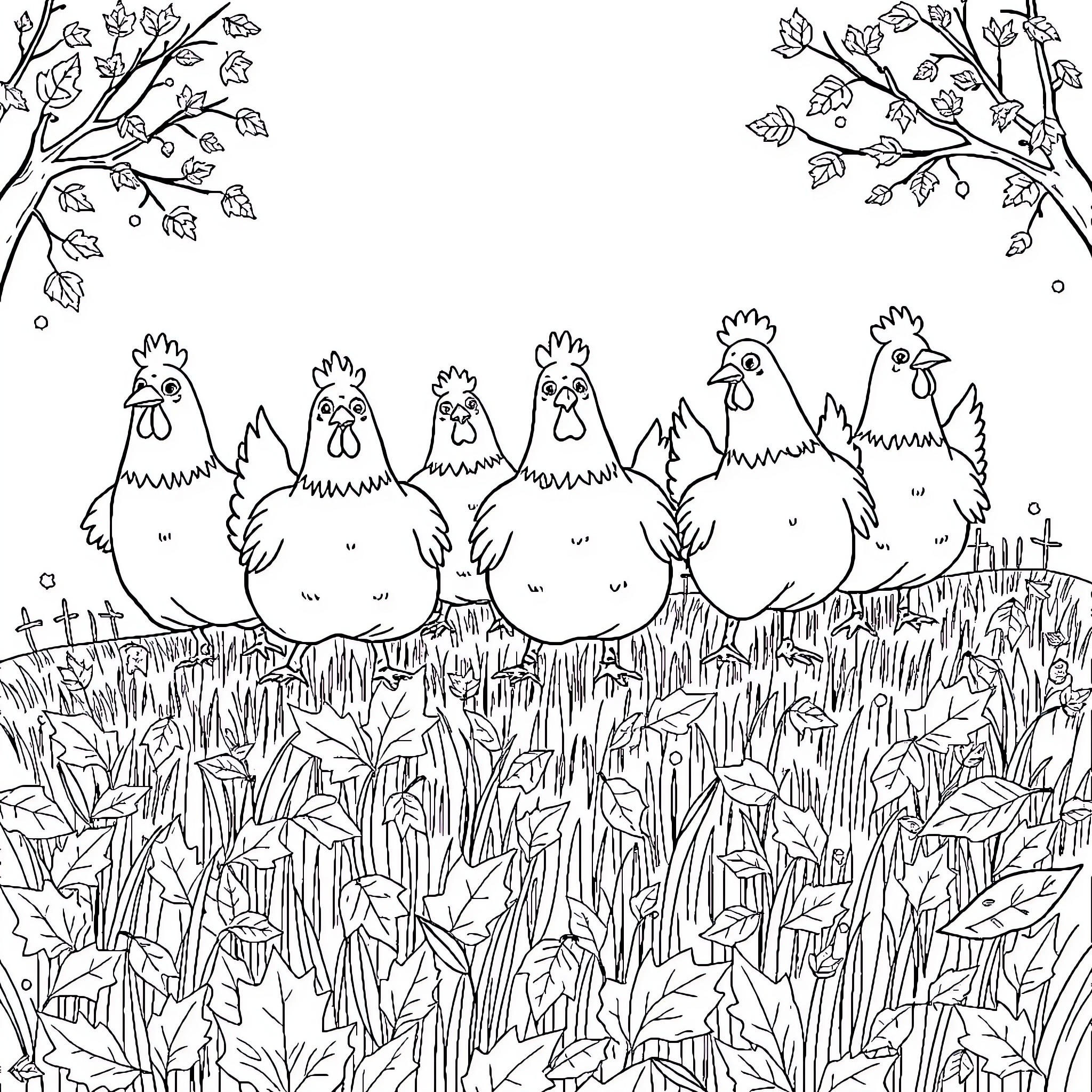 Chicken flock standing in a lush garden Coloring Page (free black-and-white line drawing printable PDF for all, from beginners to advanced learners, including children, teens, adults, and seniors)