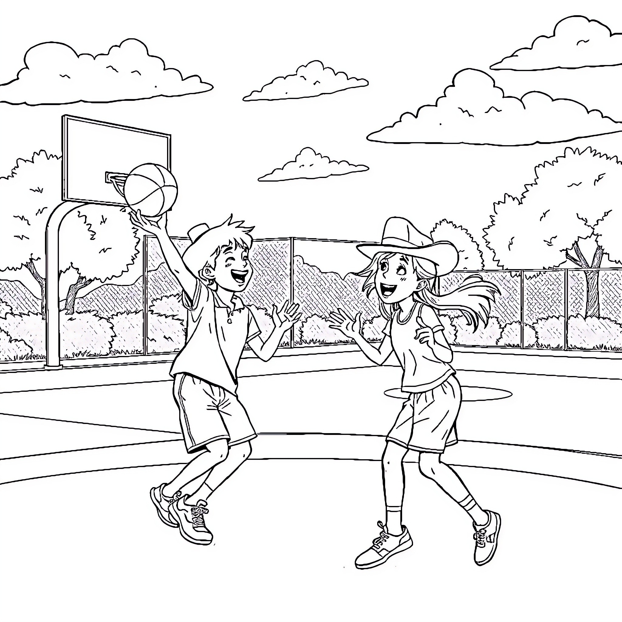 Boy and Girl Playing Basketball on the Court Coloring Page (free black-and-white line drawing printable PDF for all, from beginners to advanced learners, including children, teens, adults, and seniors)