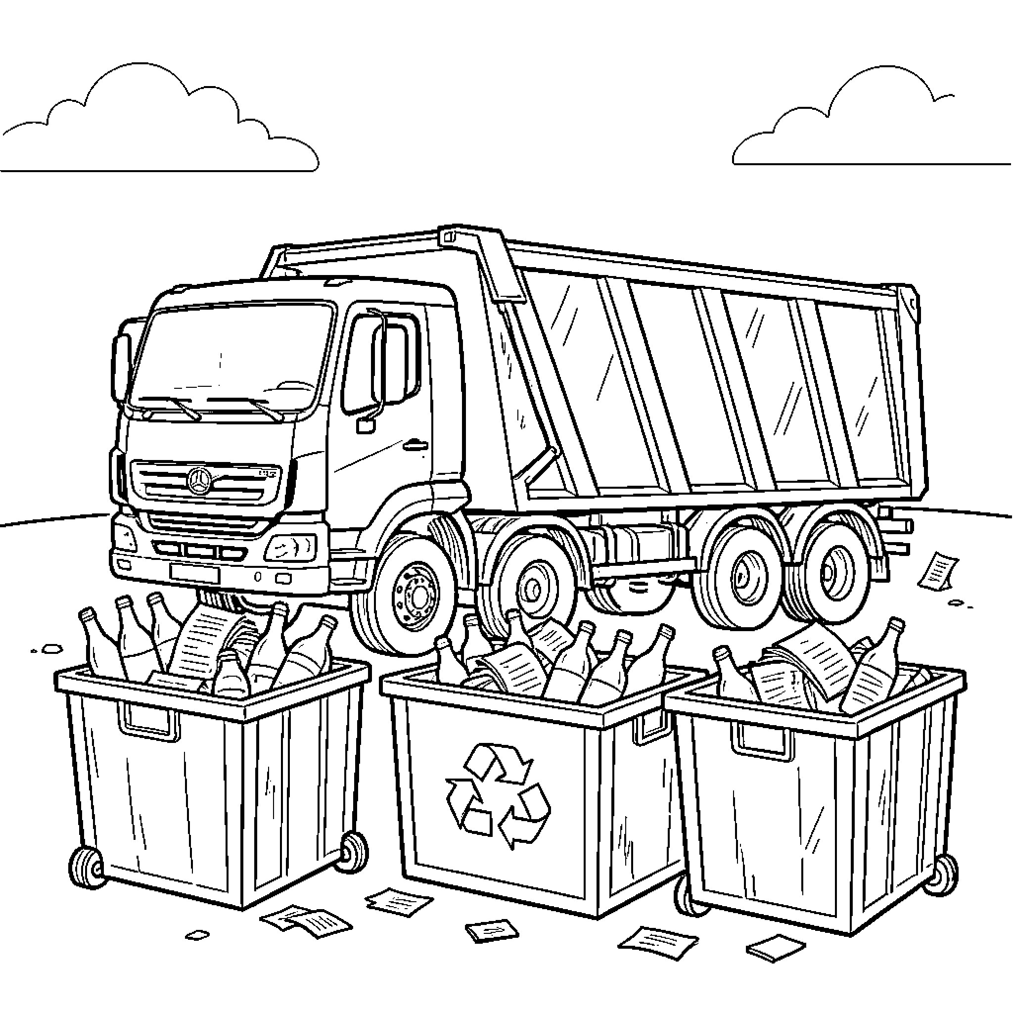 Recycling Truck Collecting Recyclables from Bins Coloring Page (free black-and-white line drawing printable PDF for all, from beginners to advanced learners, including children, teens, adults, and seniors)