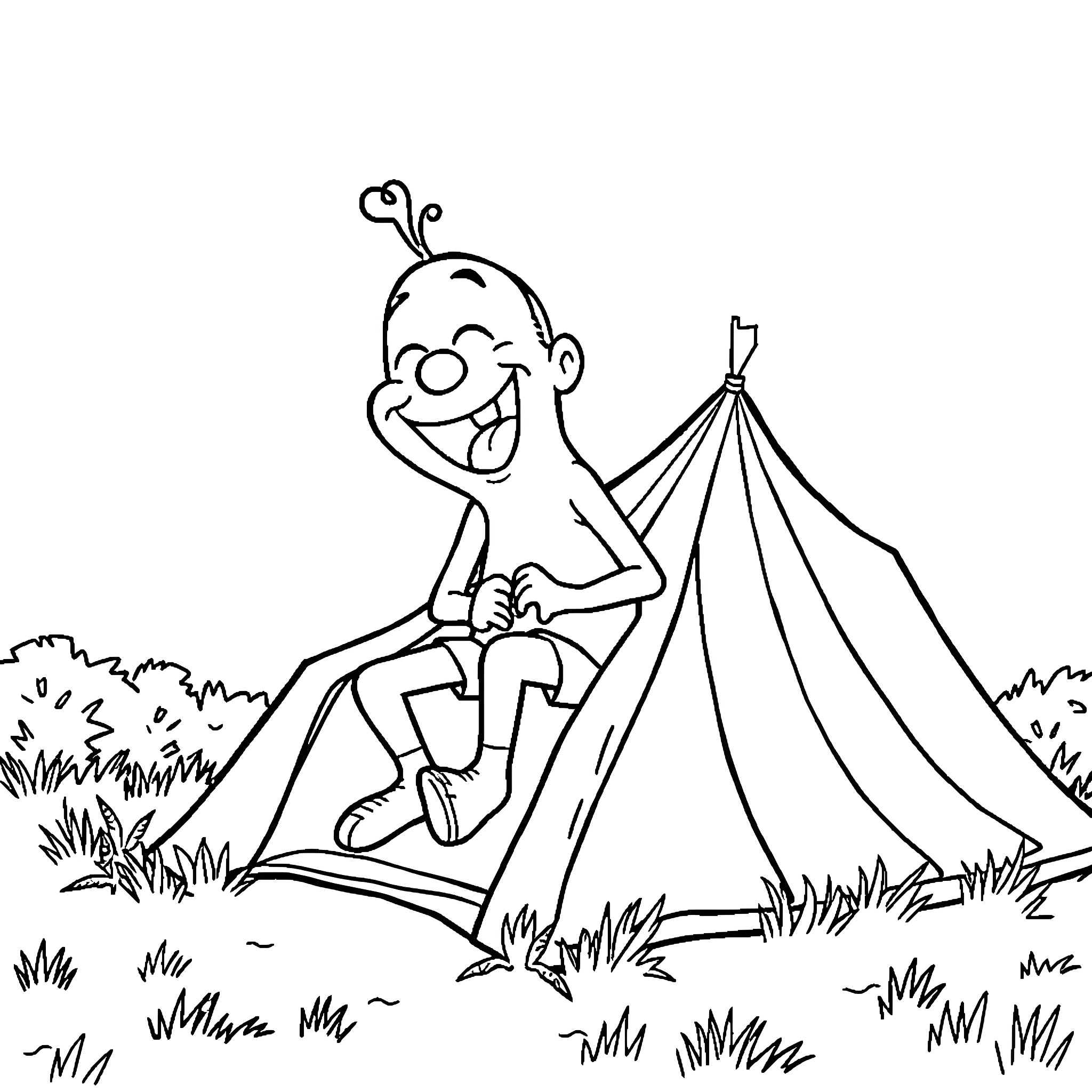 Mr. Bump camping happily in the outdoors Coloring Page (free black-and-white line drawing printable PDF for all, from beginners to advanced learners, including children, teens, adults, and seniors)
