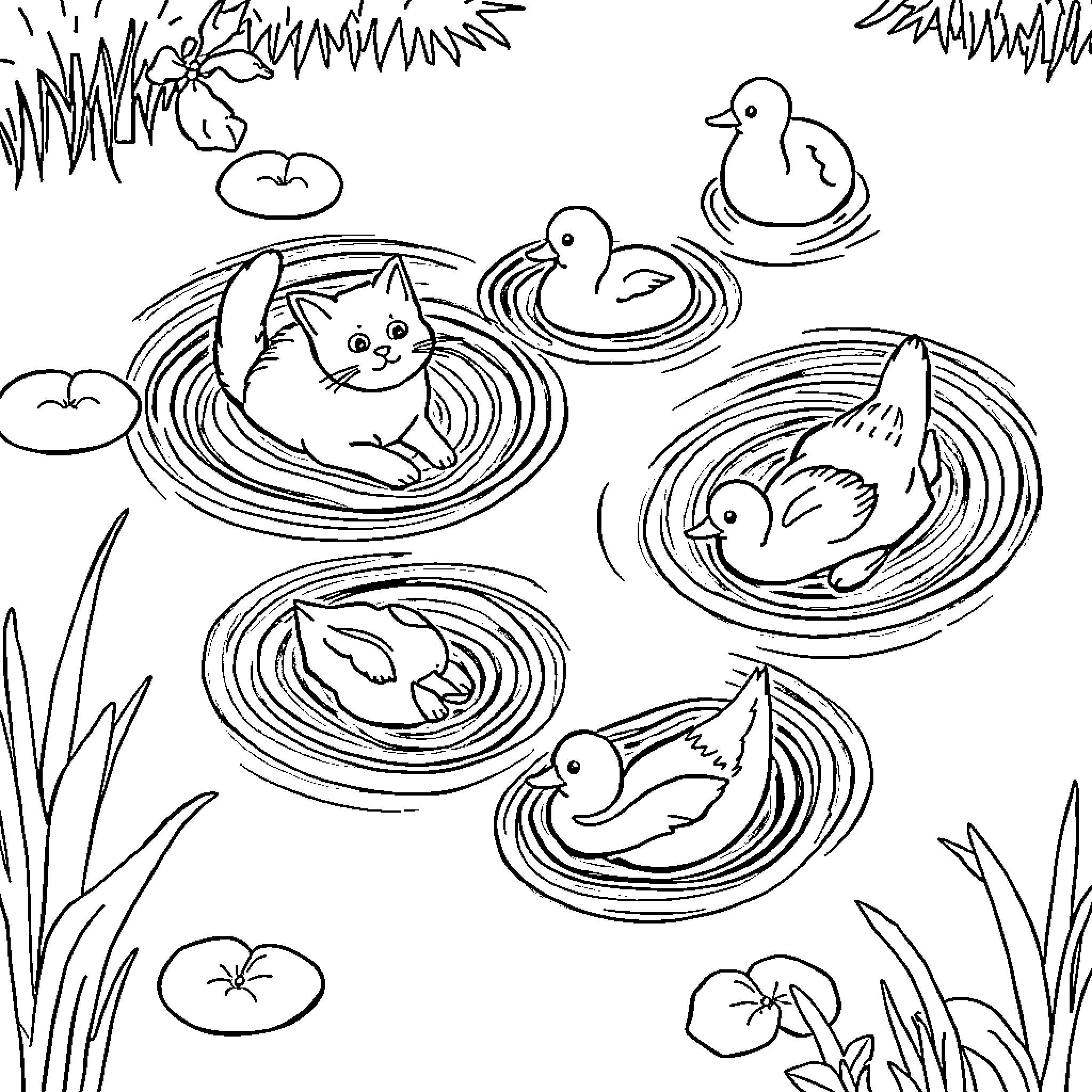Cats and ducklings swimming in ponds Coloring Page (free black-and-white line drawing printable PDF for all, from beginners to advanced learners, including children, teens, adults, and seniors)