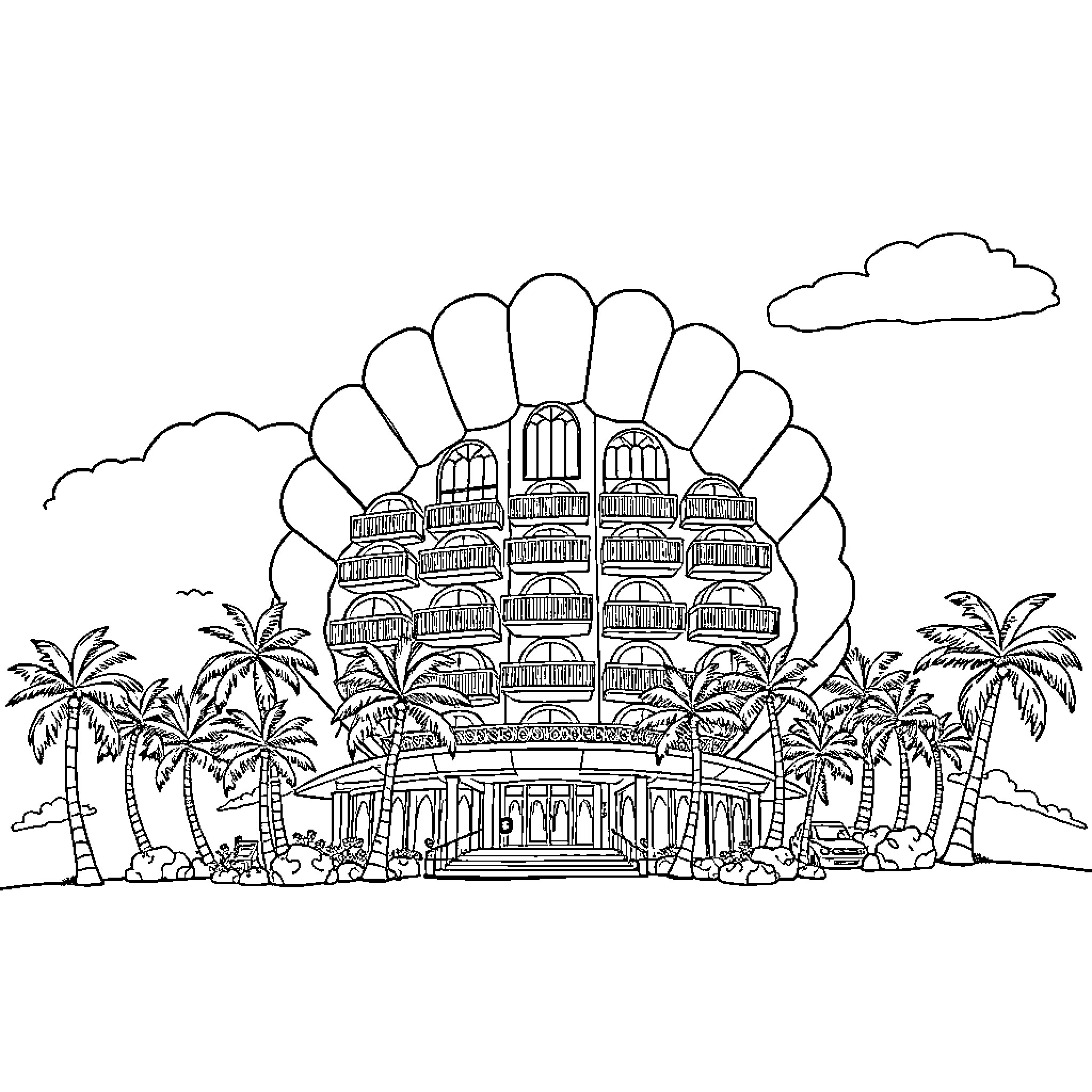 Shell-shaped building amidst tropical scenery Coloring Page (free black-and-white line drawing printable PDF for all, from beginners to advanced learners, including children, teens, adults, and seniors)