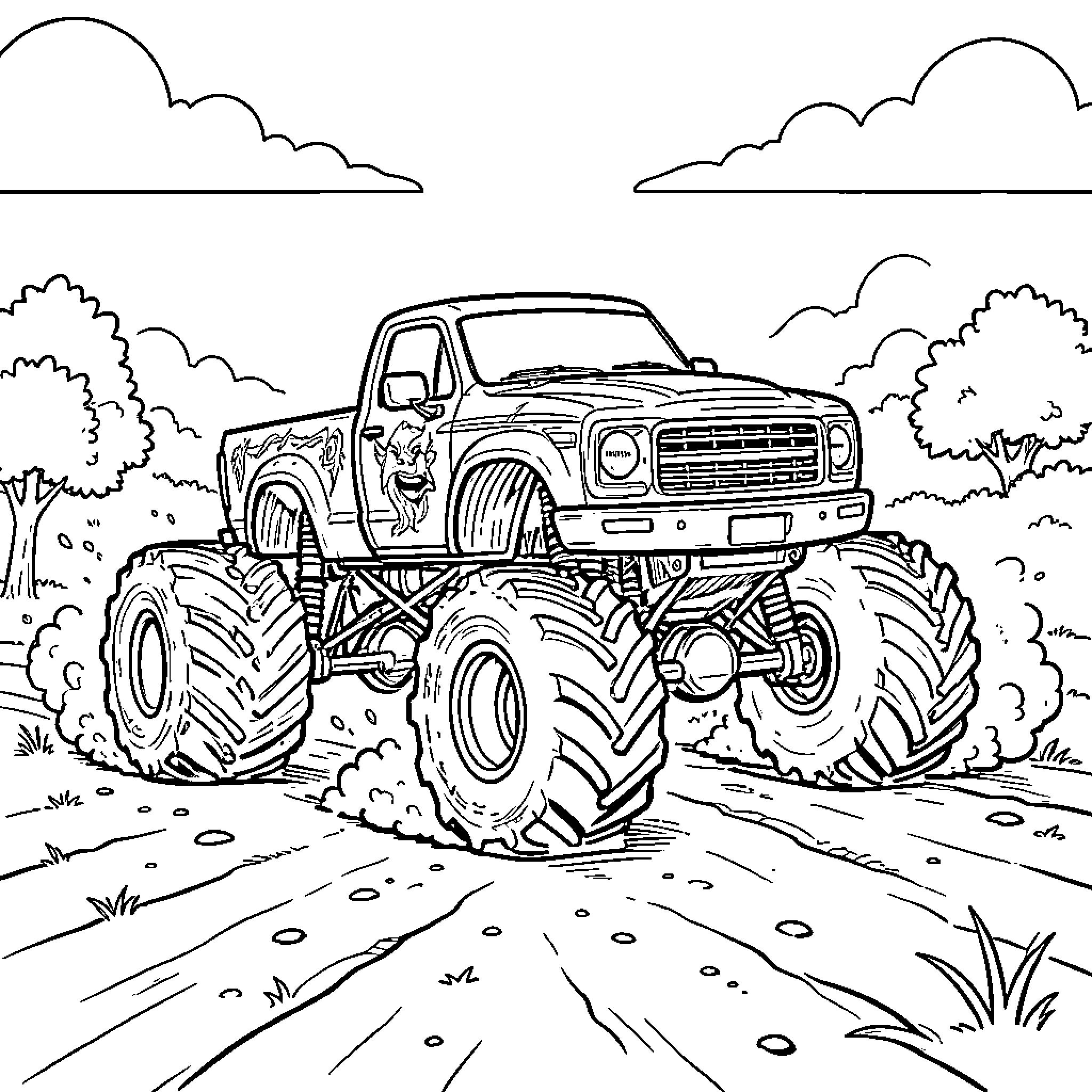 Monster Truck driving through a dirt path Coloring Page (free black-and-white line drawing printable PDF for all, from beginners to advanced learners, including children, teens, adults, and seniors)