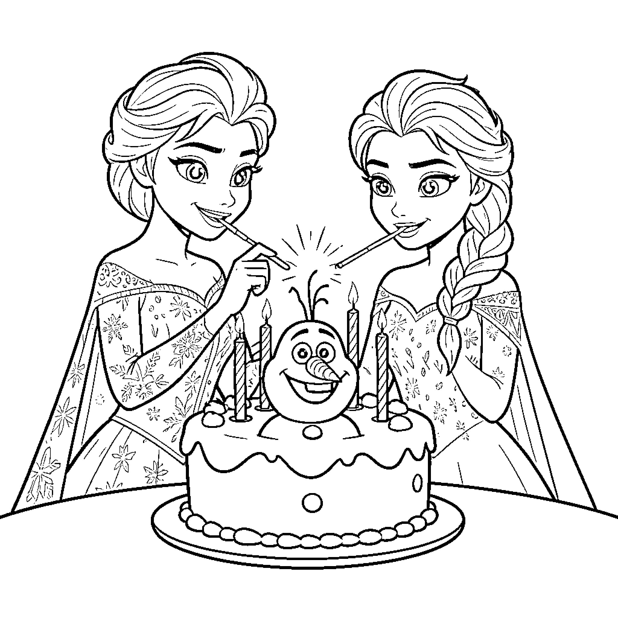 Elsa and Anna celebrating with a birthday cake Coloring Page (free black-and-white line drawing printable PDF for all, from beginners to advanced learners, including children, teens, adults, and seniors)