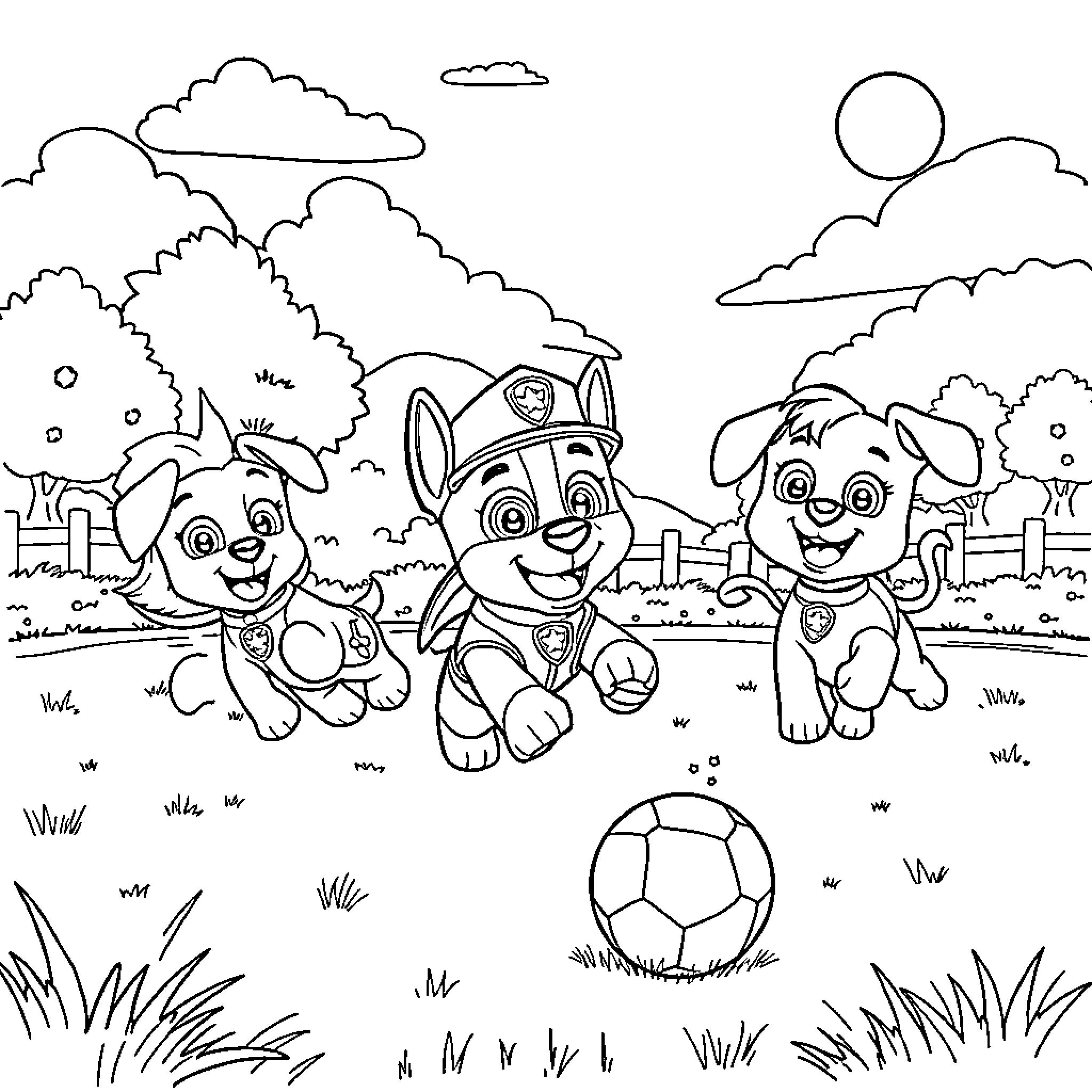 Paw Patrol pups playing joyfully in the park Coloring Page (free black-and-white line drawing printable PDF for all, from beginners to advanced learners, including children, teens, adults, and seniors)