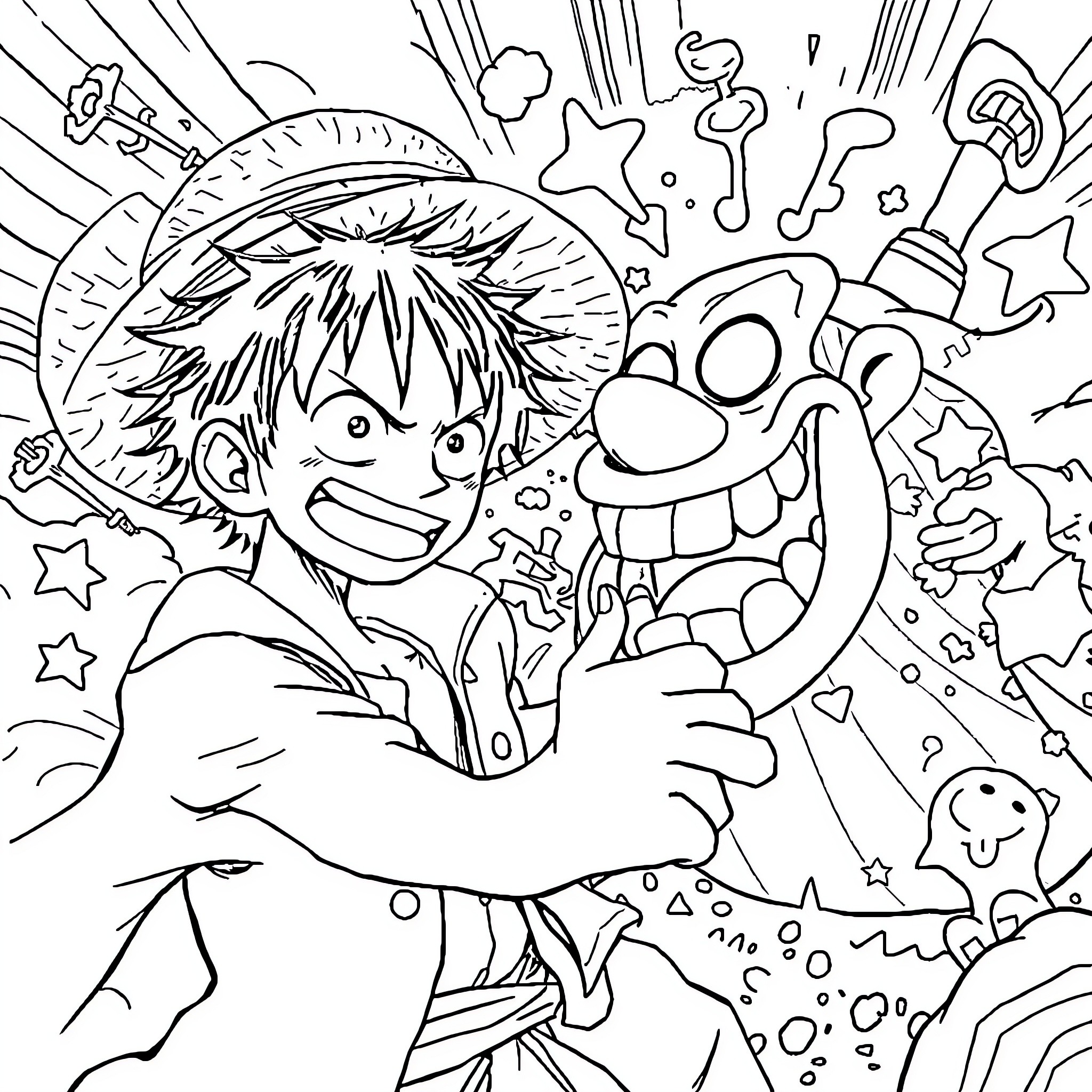 Luffy's Exuberant Adventure with Whimsical Companions Coloring Page (free black-and-white line drawing printable PDF for all, from beginners to advanced learners, including children, teens, adults, and seniors)