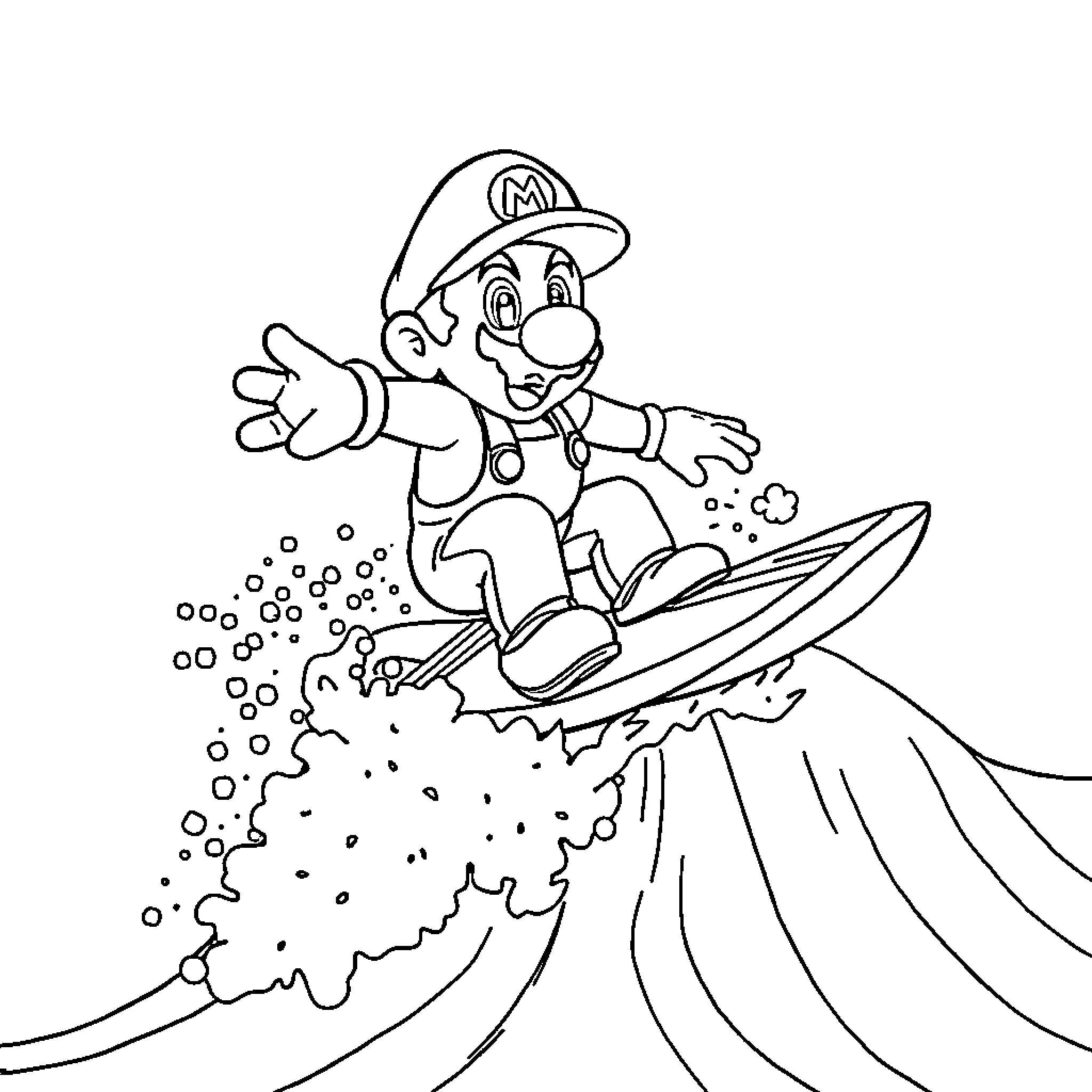 Super Mario surfing on a big wave Coloring Page (free black-and-white line drawing printable PDF for all, from beginners to advanced learners, including children, teens, adults, and seniors)
