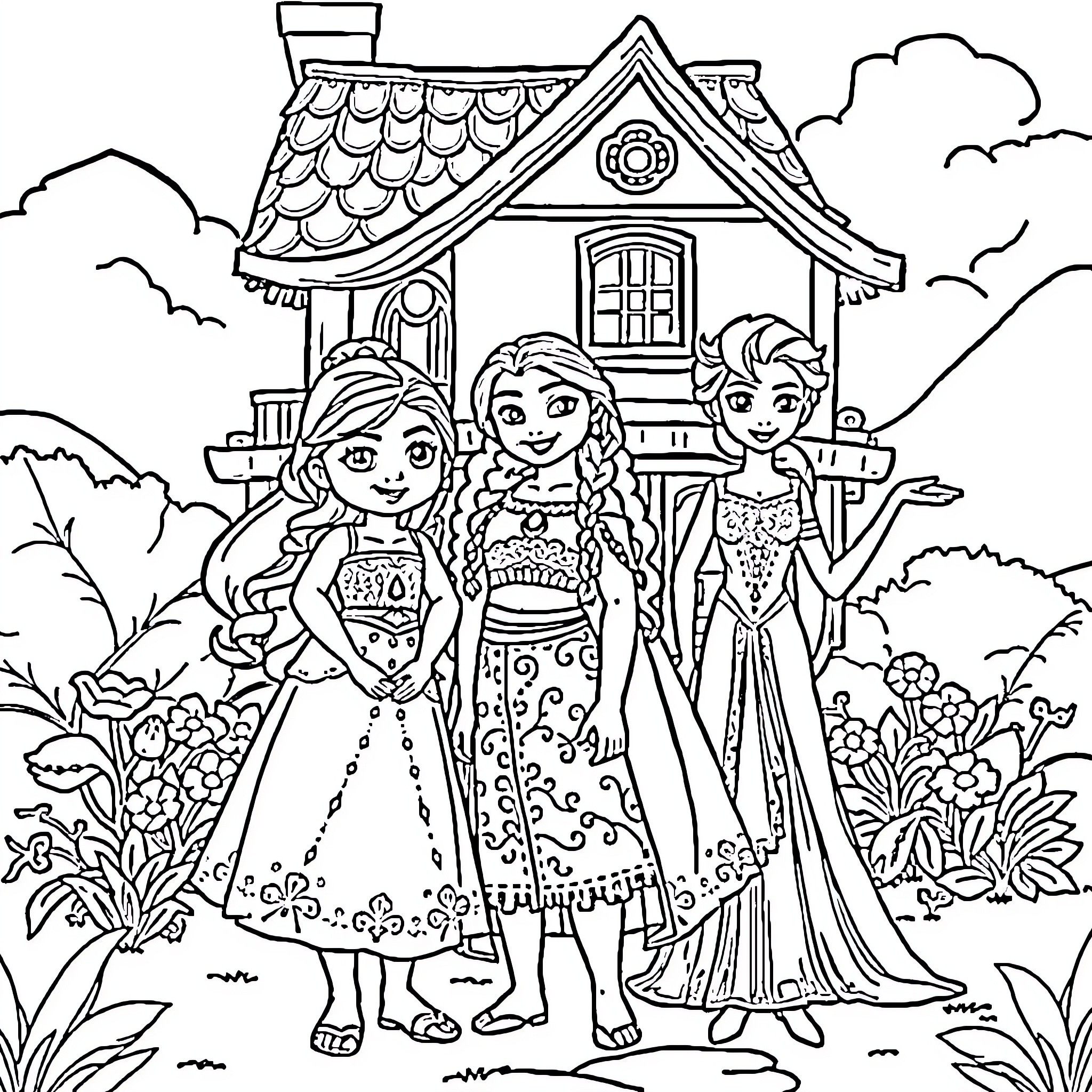 Isabella's Enchanting Stroll with Friends Coloring Page (free black-and-white line drawing printable PDF for all, from beginners to advanced learners, including children, teens, adults, and seniors)