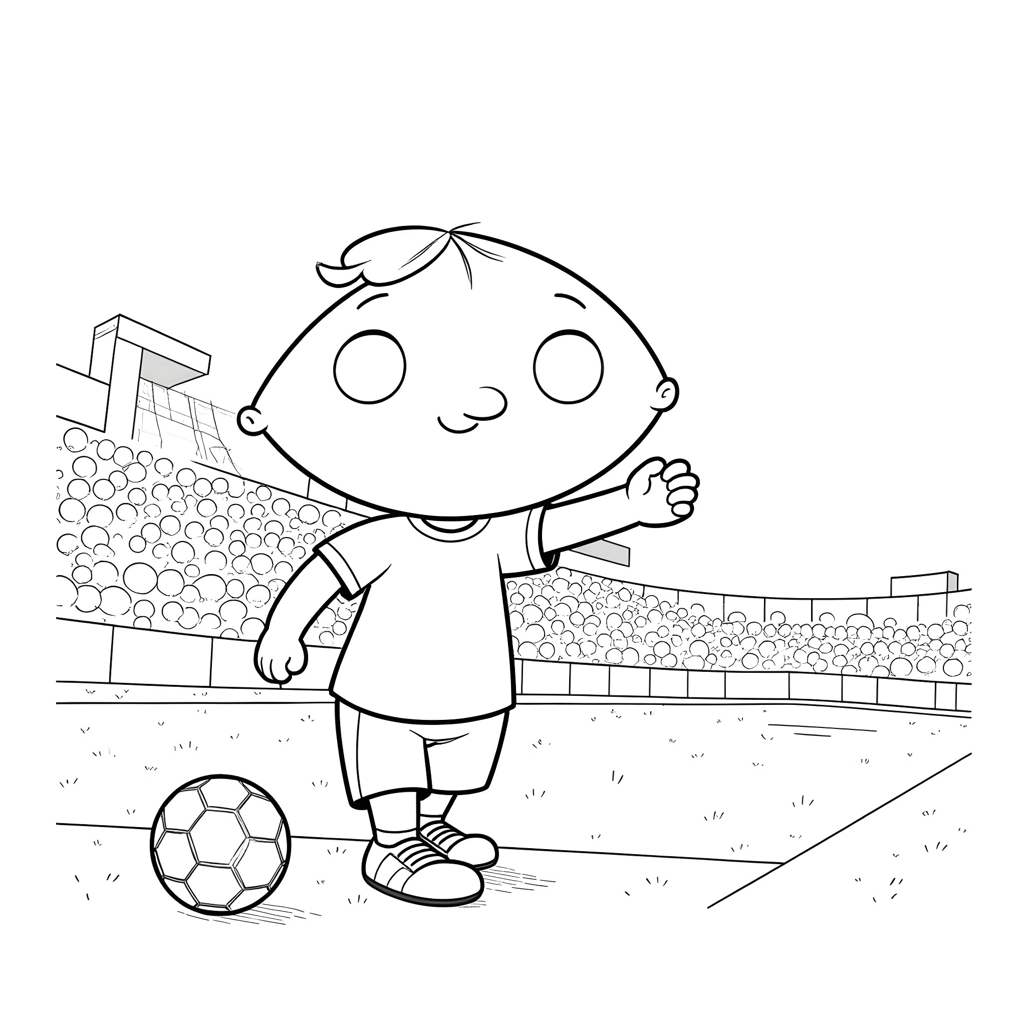 Stewie Playing with Soccer Ball in Stadium Coloring Page (free black-and-white line drawing printable PDF for all, from beginners to advanced learners, including children, teens, adults, and seniors)