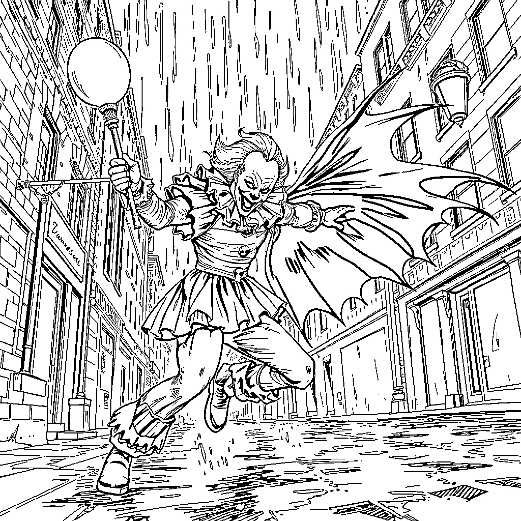 Pennywise terrorizing a city street Coloring Page (free black-and-white line drawing printable PDF for all, from beginners to advanced learners, including children, teens, adults, and seniors)