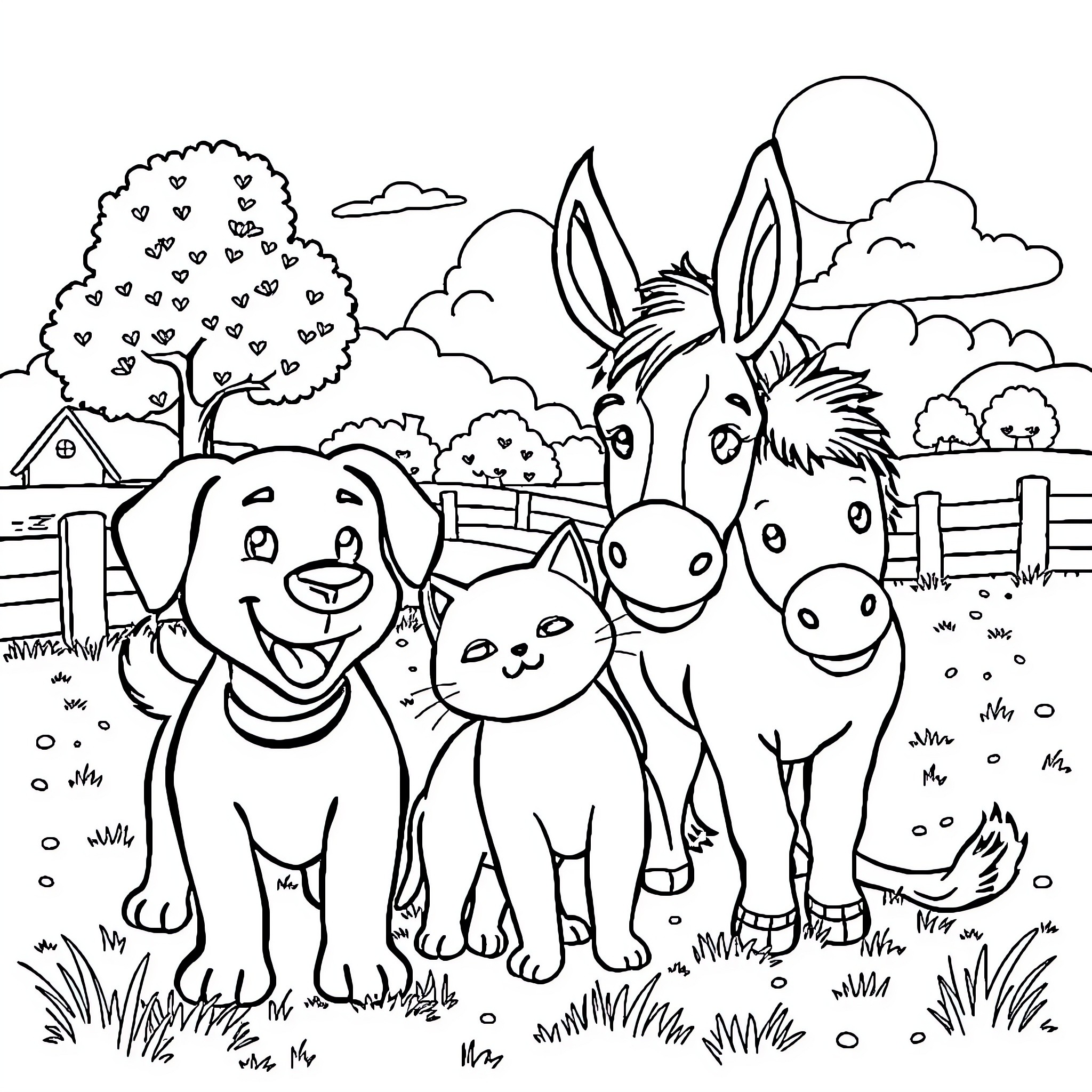 Dog, cat, and donkey playing together on a farm Coloring Page (free black-and-white line drawing printable PDF for all, from beginners to advanced learners, including children, teens, adults, and seniors)