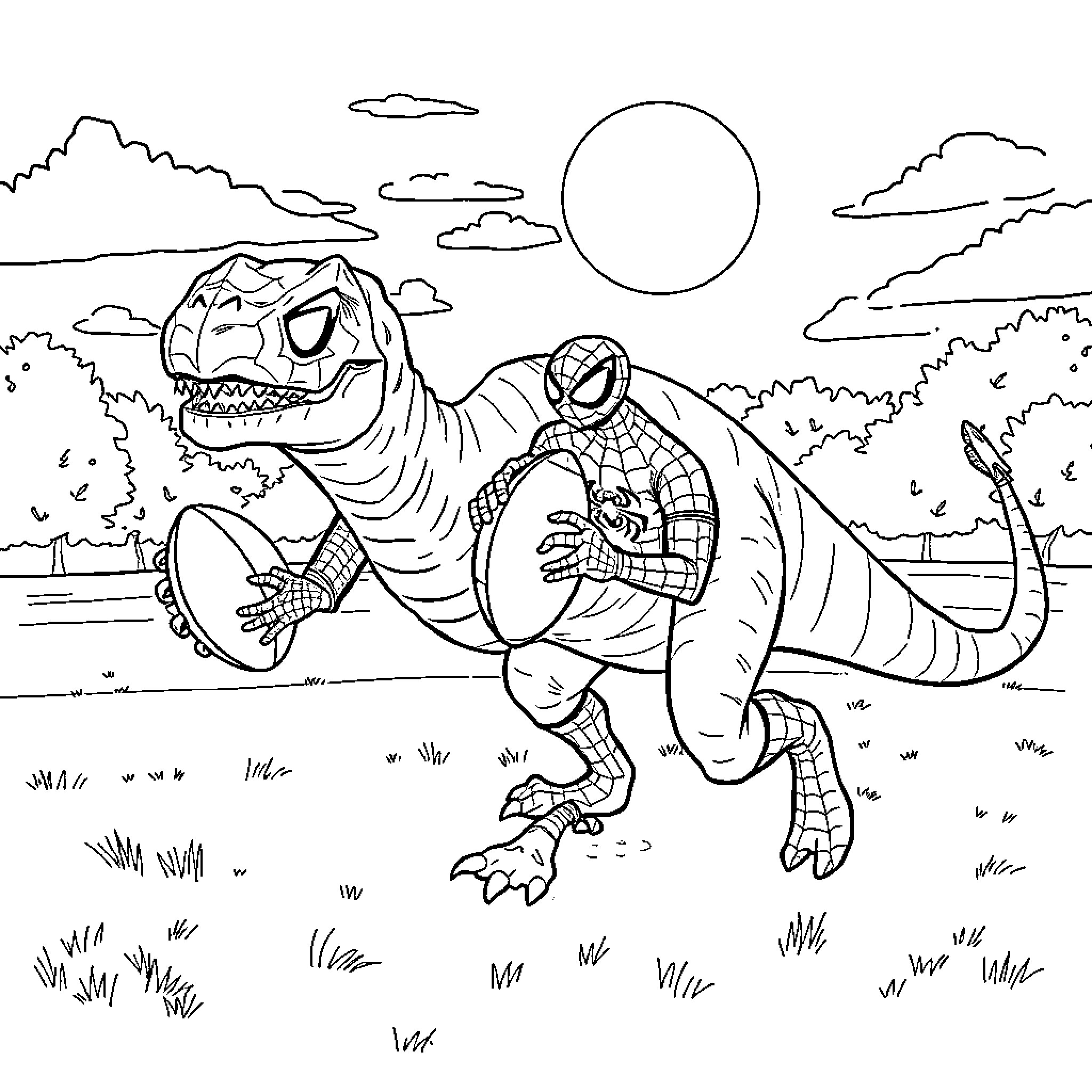 Dinosaur and superhero adventure in nature Coloring Page (free black-and-white line drawing printable PDF for all, from beginners to advanced learners, including children, teens, adults, and seniors)