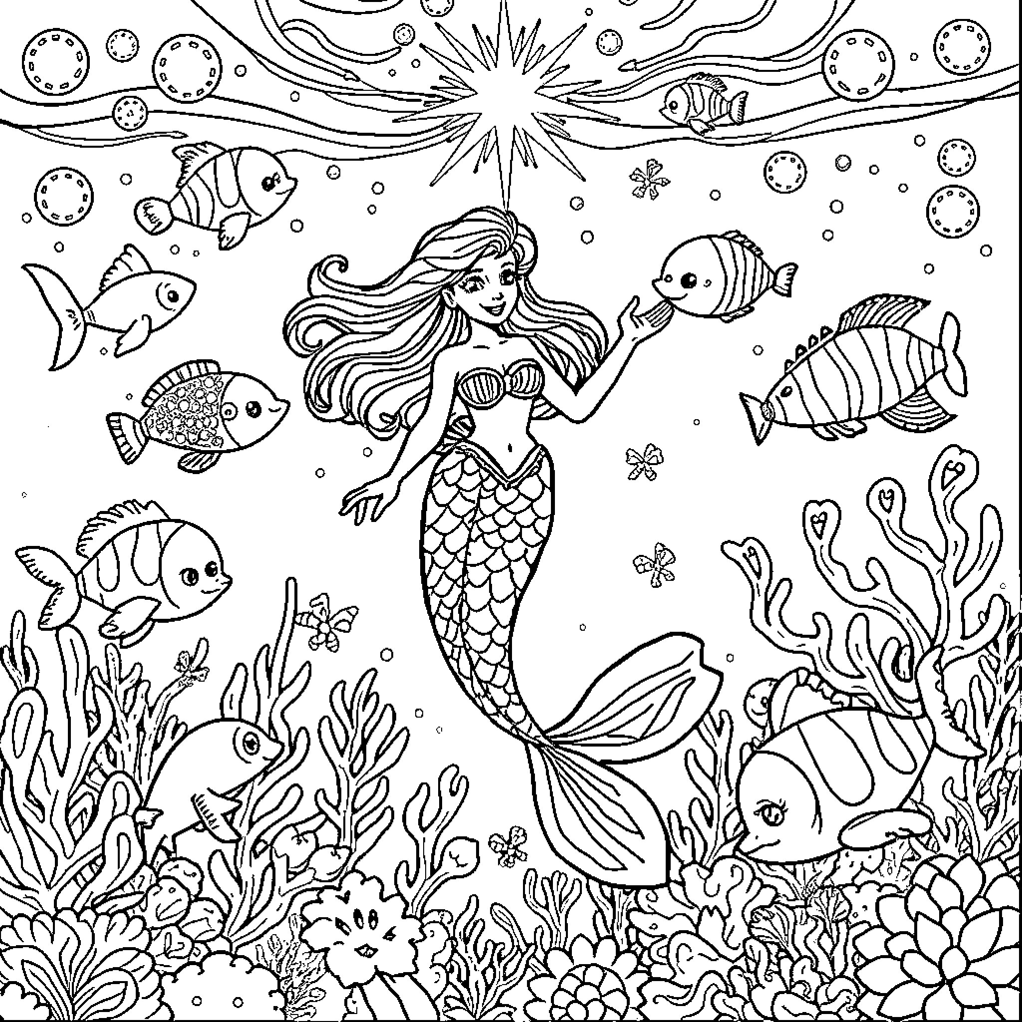 Sea Creature Mermaid and Colorful Fish in Underwater Scene Coloring Page (free black-and-white line drawing printable PDF for all, from beginners to advanced learners, including children, teens, adults, and seniors)