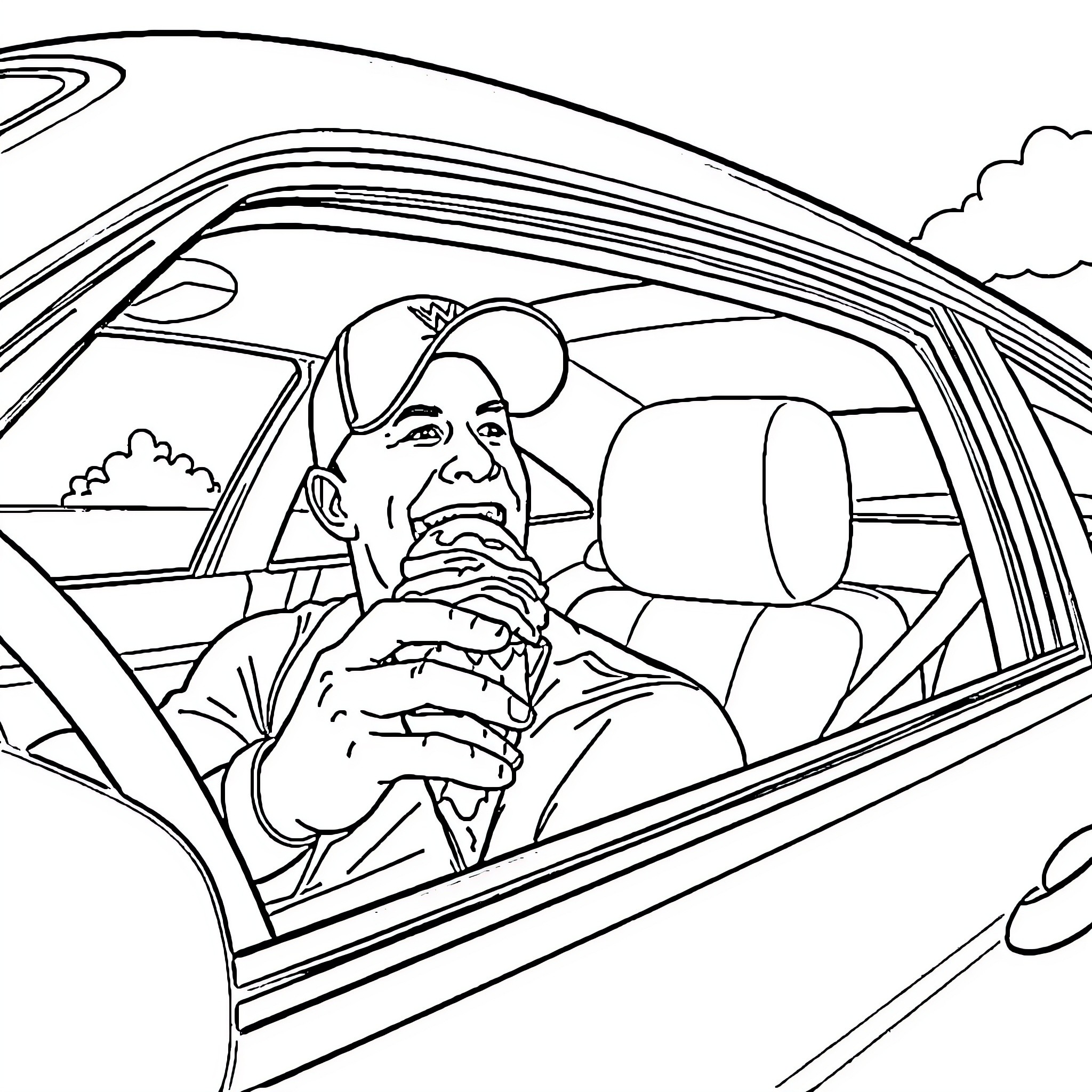 John Cena Driving Through the Countryside Coloring Page (free black-and-white line drawing printable PDF for all, from beginners to advanced learners, including children, teens, adults, and seniors)