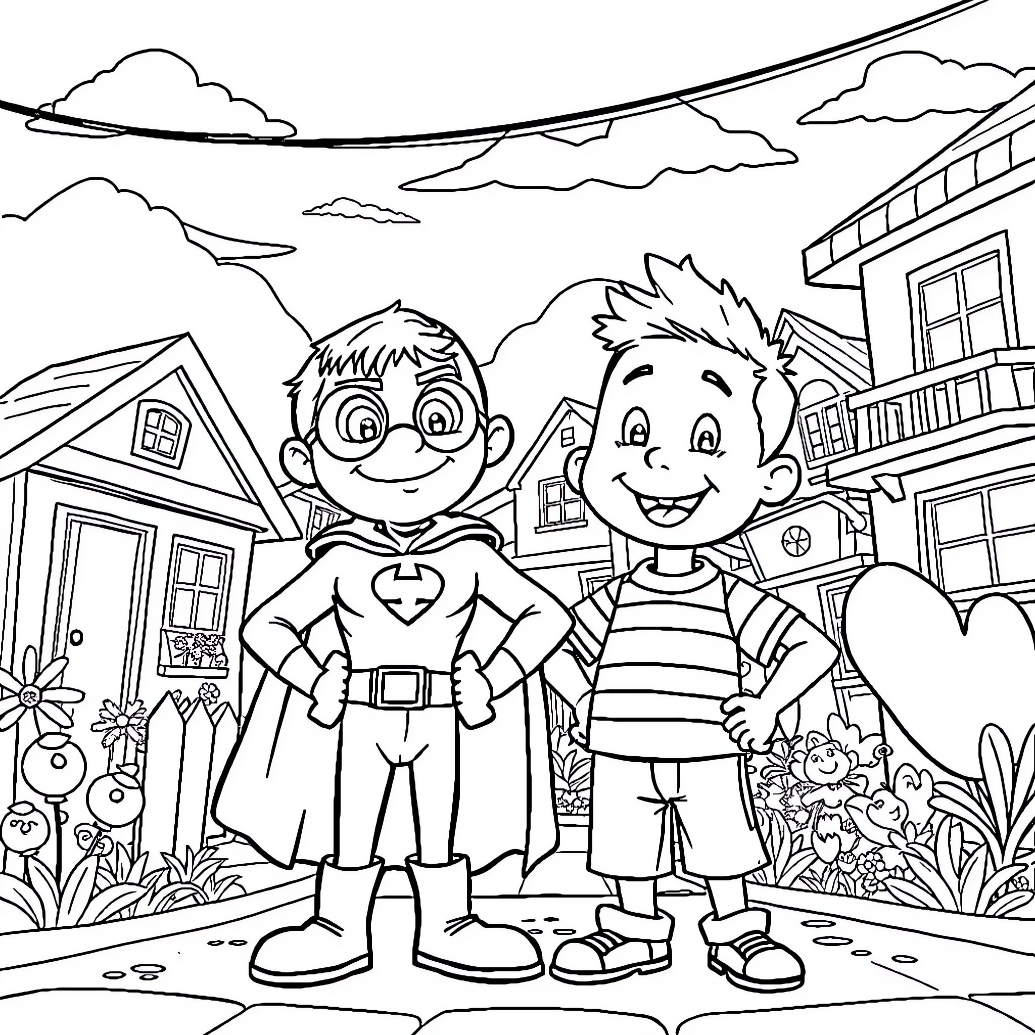 Chapulin and Friend Explore the Neighborhood Coloring Page (free black-and-white line drawing printable PDF for all, from beginners to advanced learners, including children, teens, adults, and seniors)