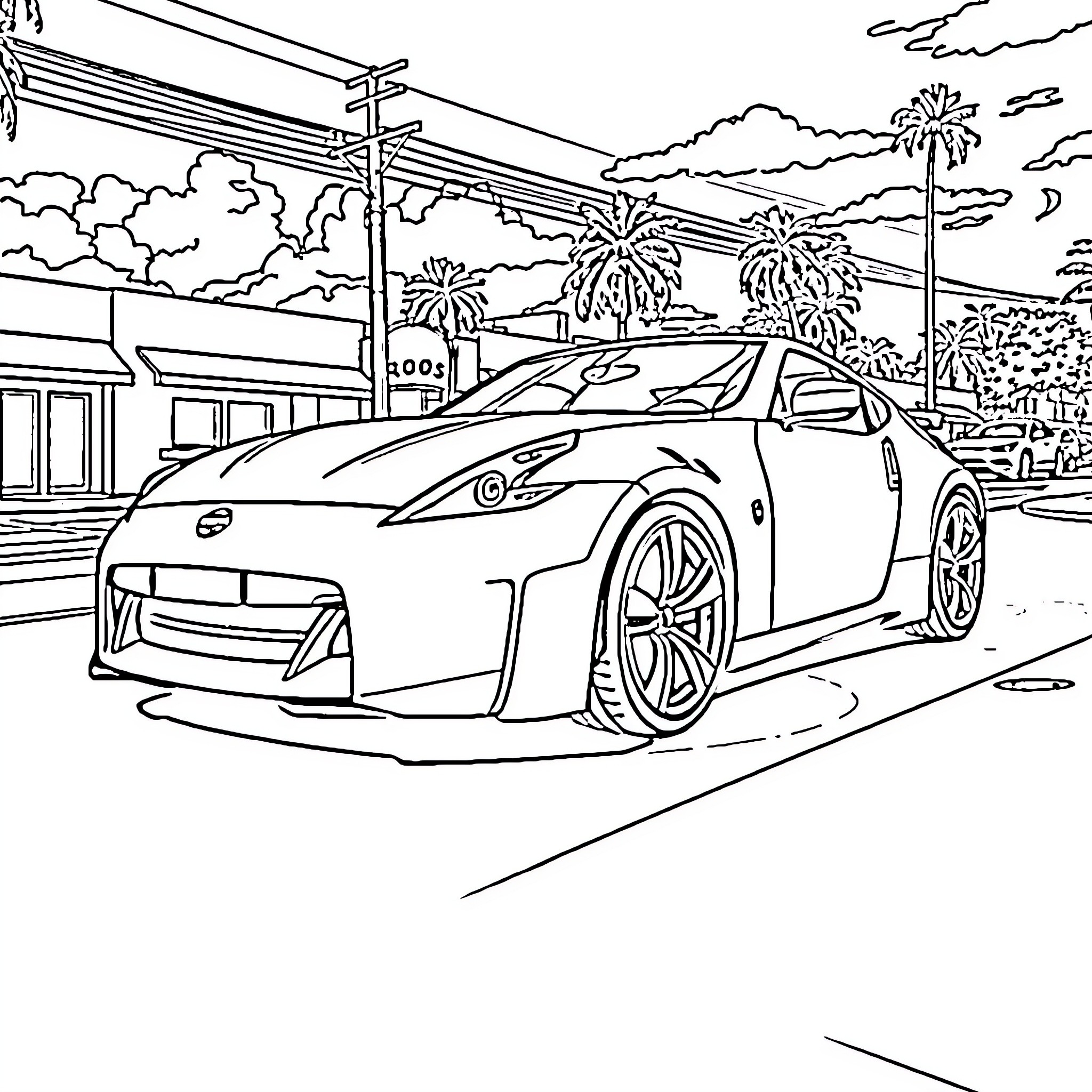 Nissan 370z sports car in tropical setting Coloring Page (free black-and-white line drawing printable PDF for all, from beginners to advanced learners, including children, teens, adults, and seniors)