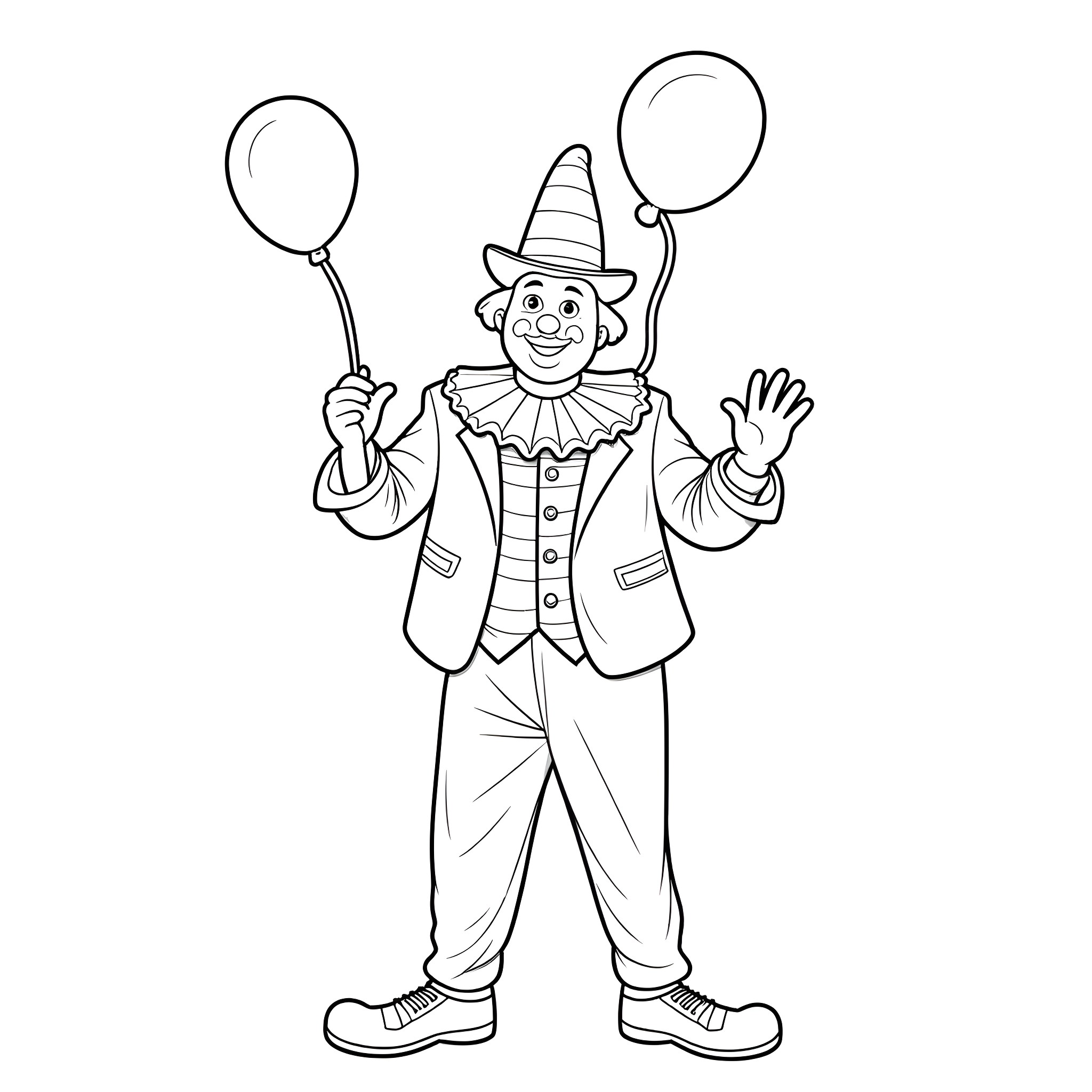 Clown with balloons waving happily Coloring Page (free black-and-white line drawing printable PDF for all, from beginners to advanced learners, including children, teens, adults, and seniors)