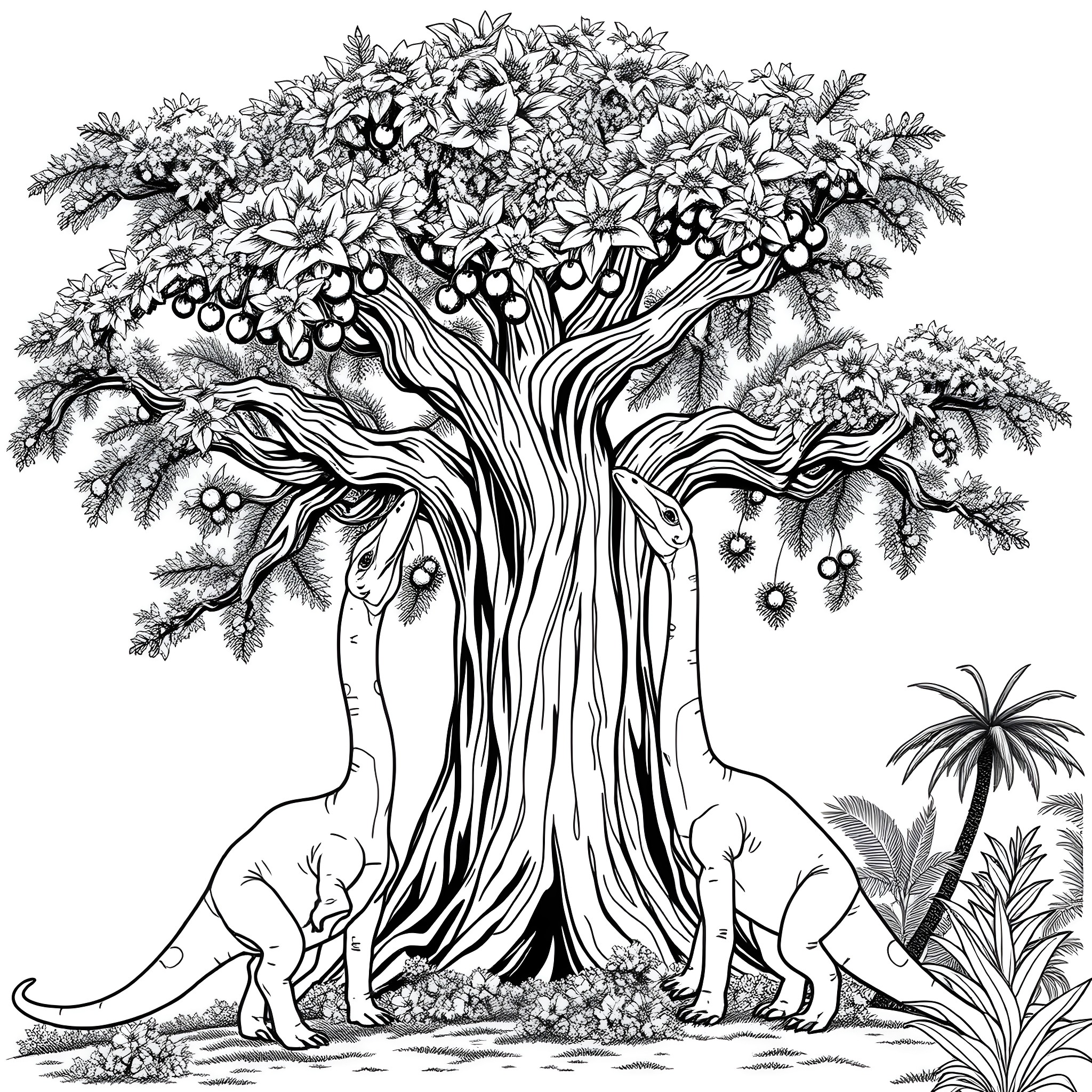 Dinosaurs amongst the flowering tree Coloring Page (free black-and-white line drawing printable PDF for all, from beginners to advanced learners, including children, teens, adults, and seniors)