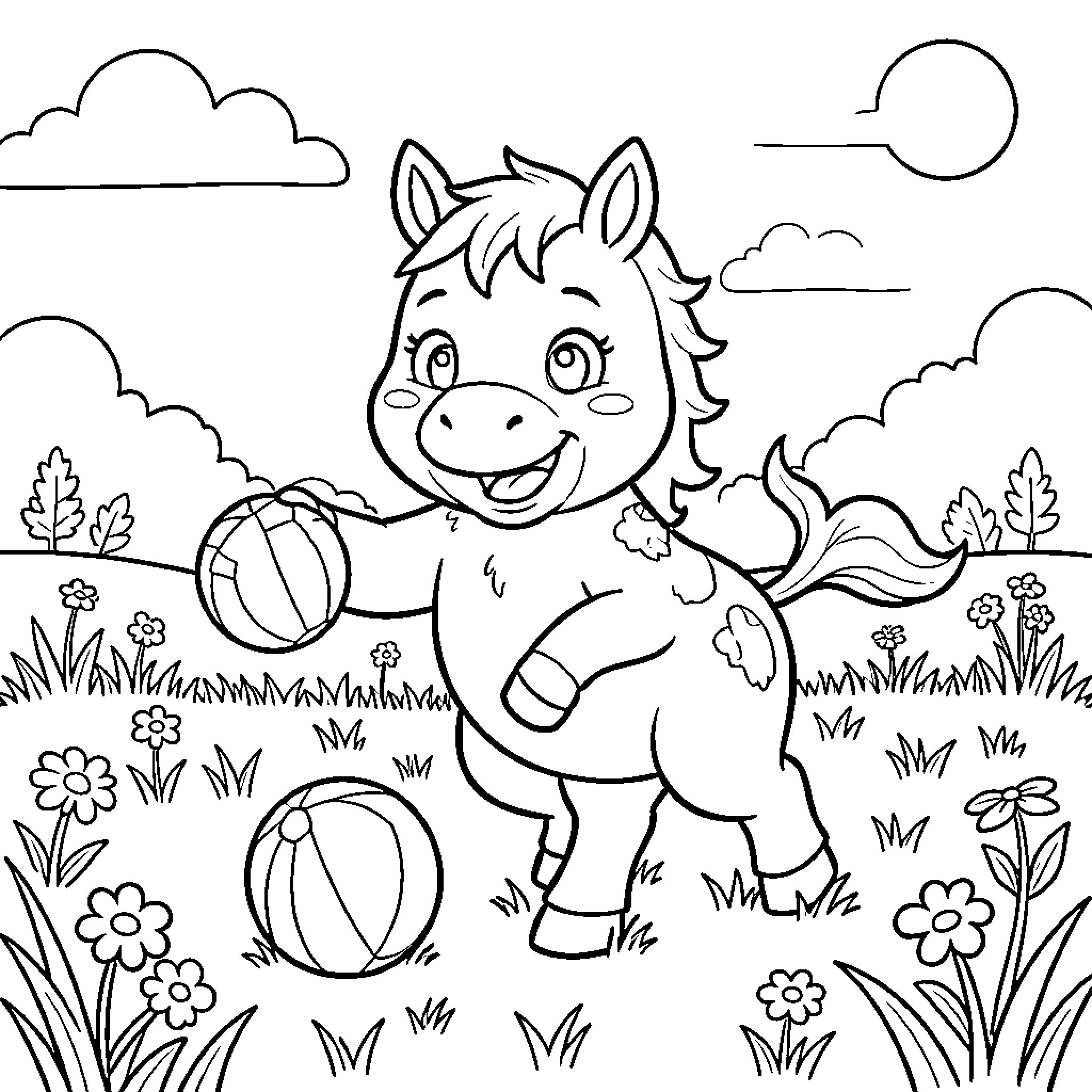 Horse playing joyfully with balls in a meadow Coloring Page (free black-and-white line drawing printable PDF for all, from beginners to advanced learners, including children, teens, adults, and seniors)