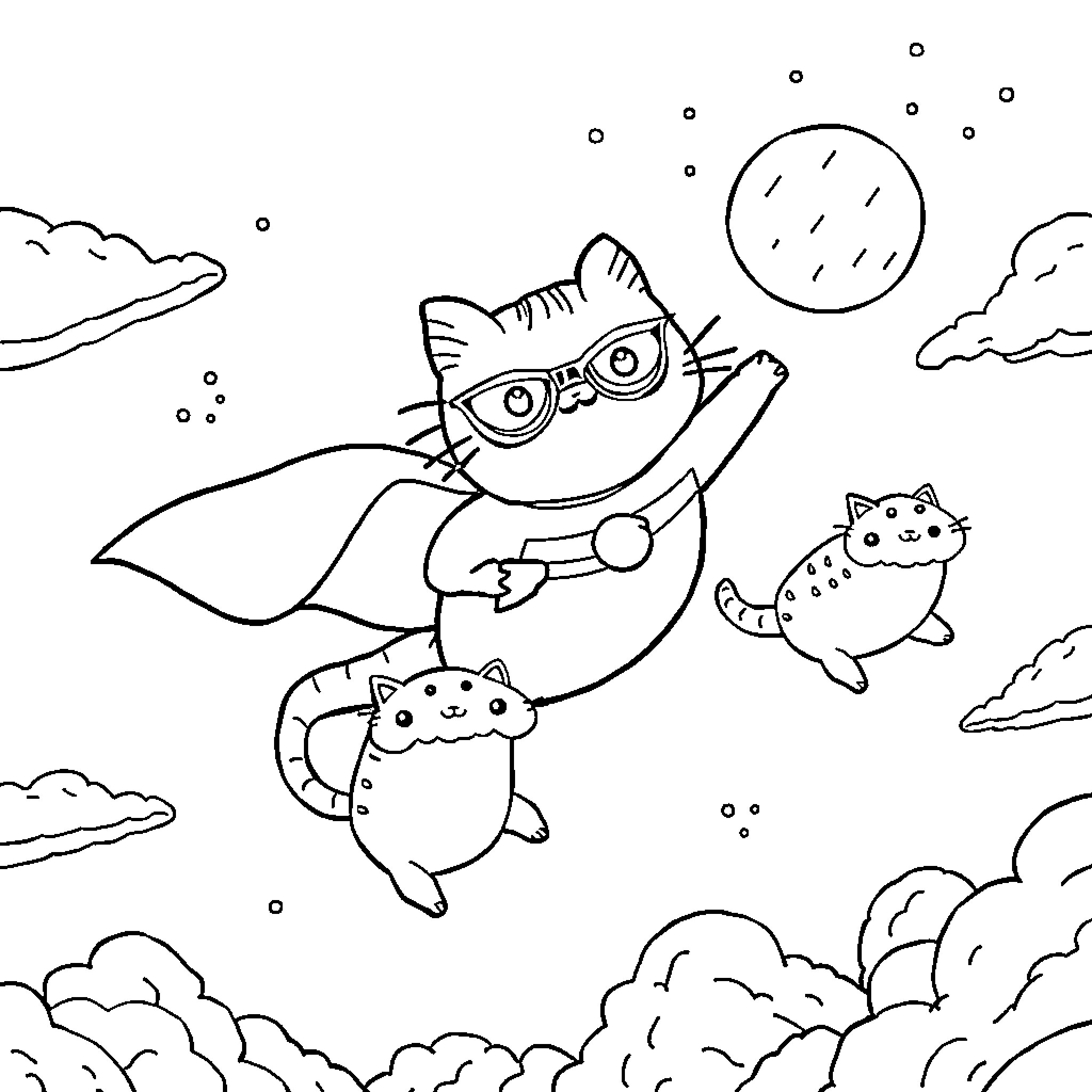 Pusheen Cats as Super Heroes Flying Through the Sky Coloring Page (free black-and-white line drawing printable PDF for all, from beginners to advanced learners, including children, teens, adults, and seniors)