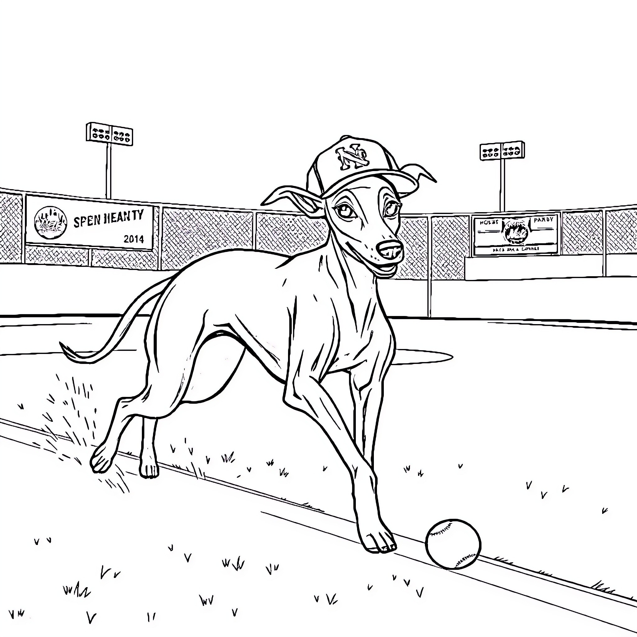 Italian Greyhound playing happily on a sports field Coloring Page (free black-and-white line drawing printable PDF for all, from beginners to advanced learners, including children, teens, adults, and seniors)