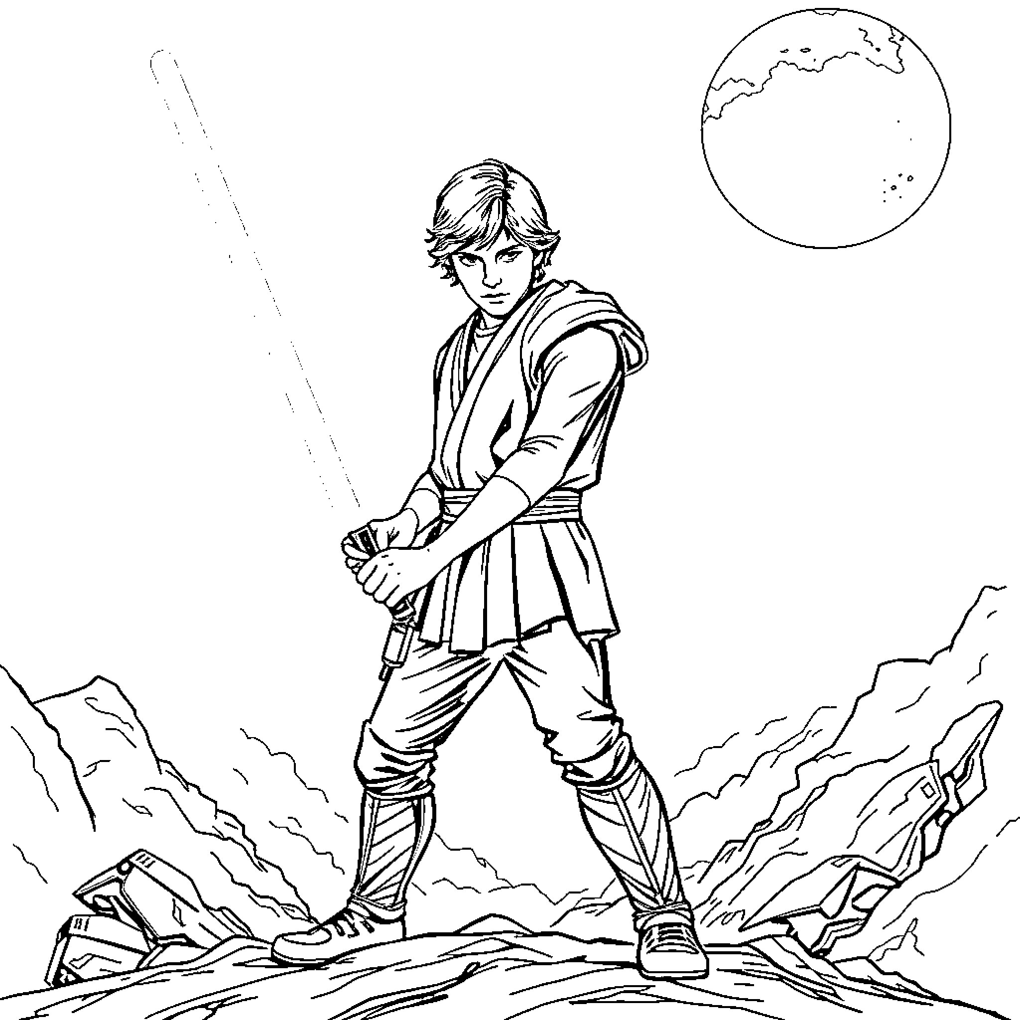 Skywalker standing heroically on a rocky terrain Coloring Page (free black-and-white line drawing printable PDF for all, from beginners to advanced learners, including children, teens, adults, and seniors)