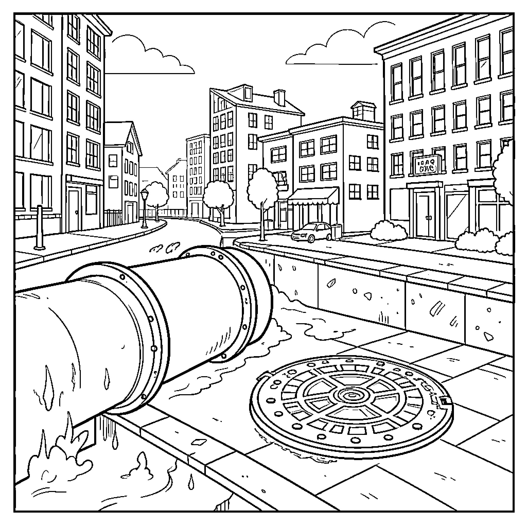 Sewer pipes and manhole cover in a city street Coloring Page (free black-and-white line drawing printable PDF for all, from beginners to advanced learners, including children, teens, adults, and seniors)