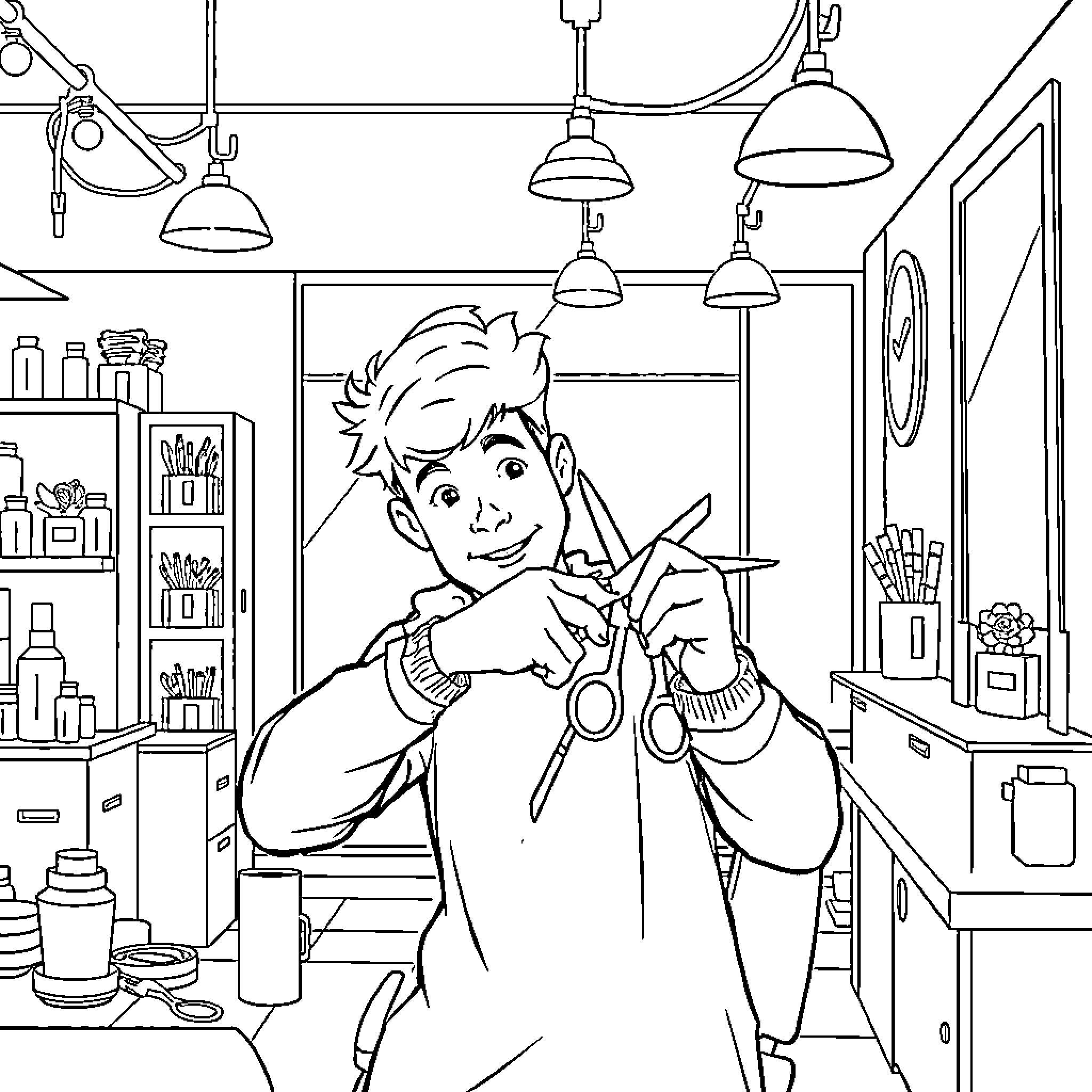 Harry exploring the lively workshop with enthusiasm Coloring Page (free black-and-white line drawing printable PDF for all, from beginners to advanced learners, including children, teens, adults, and seniors)