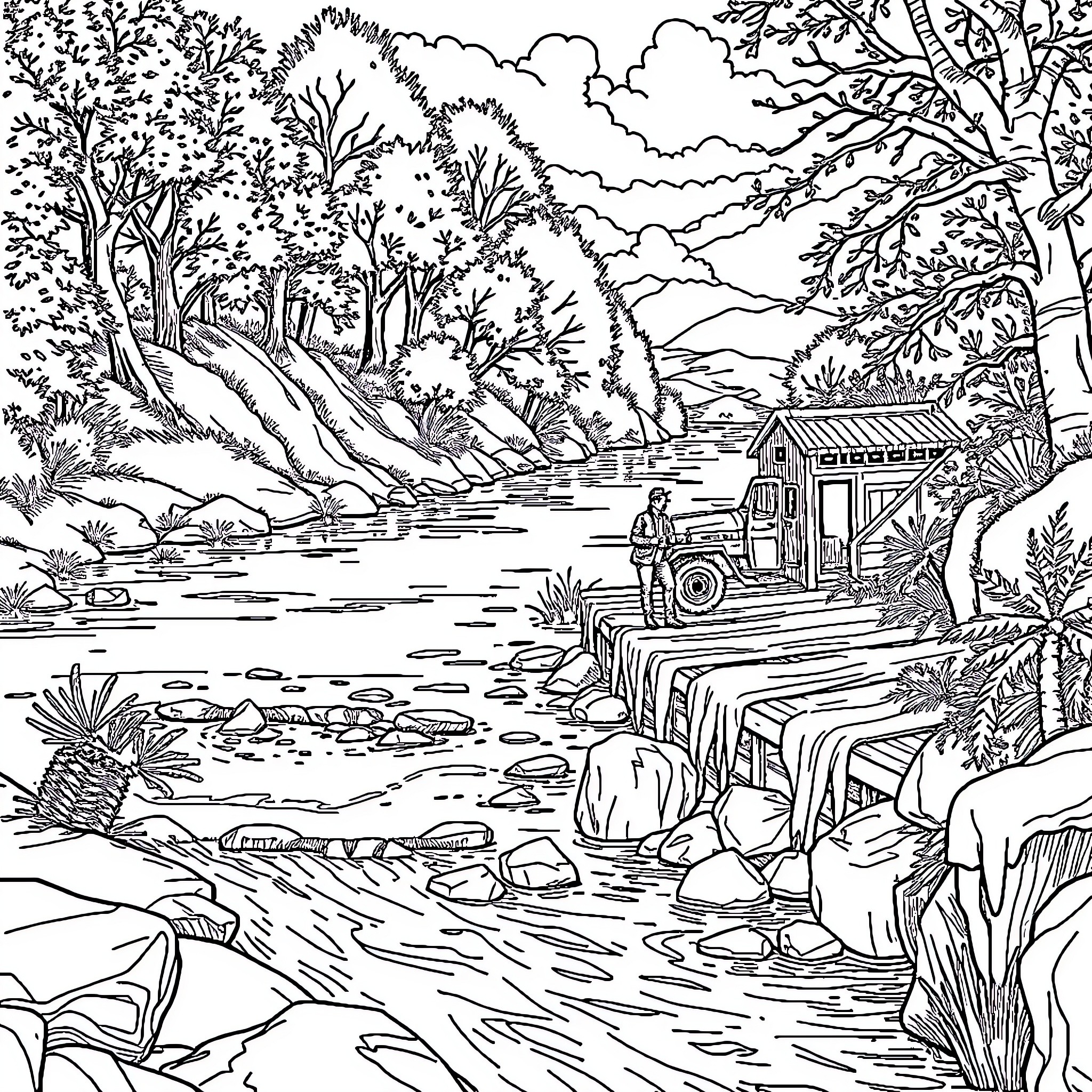 Fisherman by the serene river in the forest Coloring Page (free black-and-white line drawing printable PDF for all, from beginners to advanced learners, including children, teens, adults, and seniors)