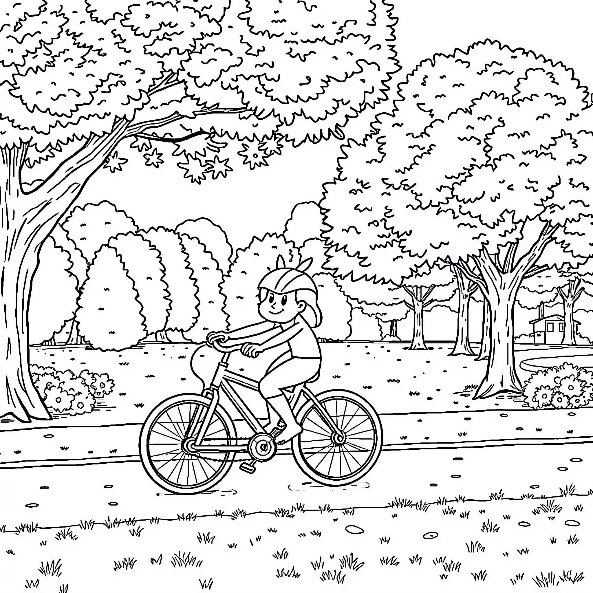 Pat Patrouille goes on a bike ride in the forest Coloring Page (free black-and-white line drawing printable PDF for all, from beginners to advanced learners, including children, teens, adults, and seniors)