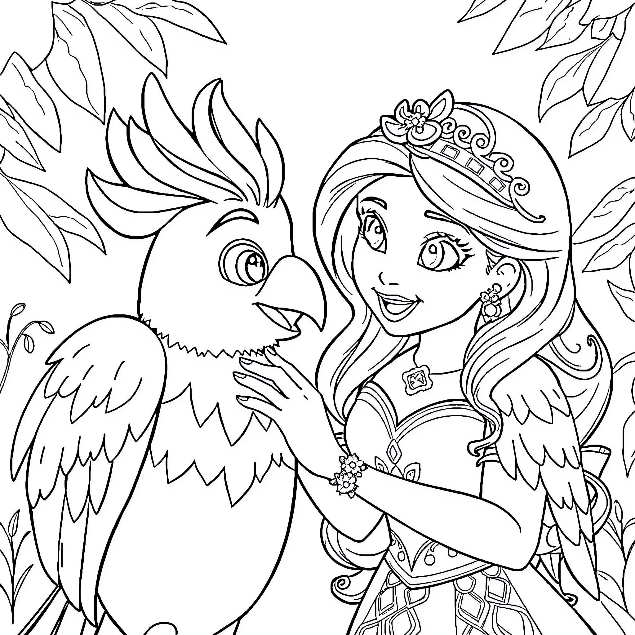 Elena's Enchanting Adventure with her Feathered Friend Coloring Page (free black-and-white line drawing printable PDF for all, from beginners to advanced learners, including children, teens, adults, and seniors)