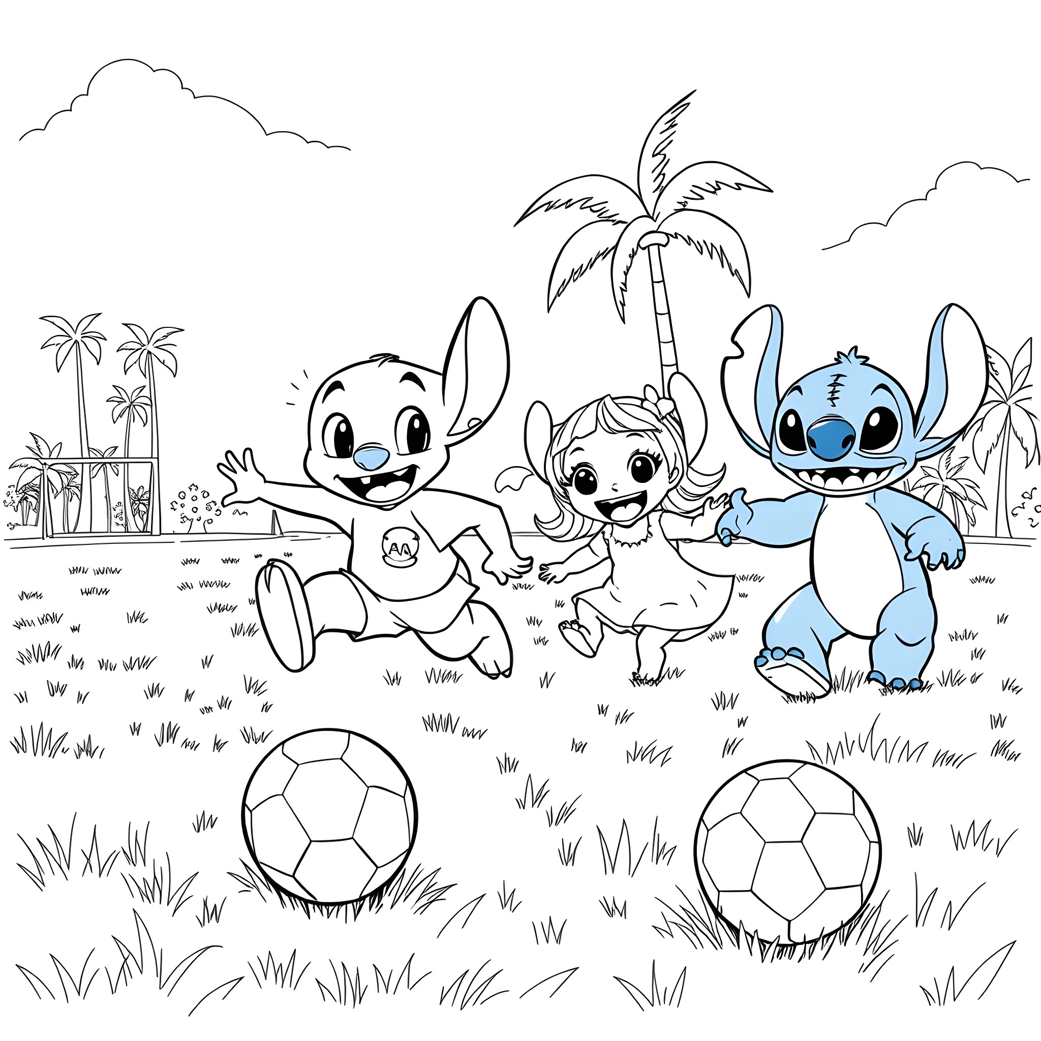Bluey and friends playing soccer in the park Coloring Page (free black-and-white line drawing printable PDF for all, from beginners to advanced learners, including children, teens, adults, and seniors)