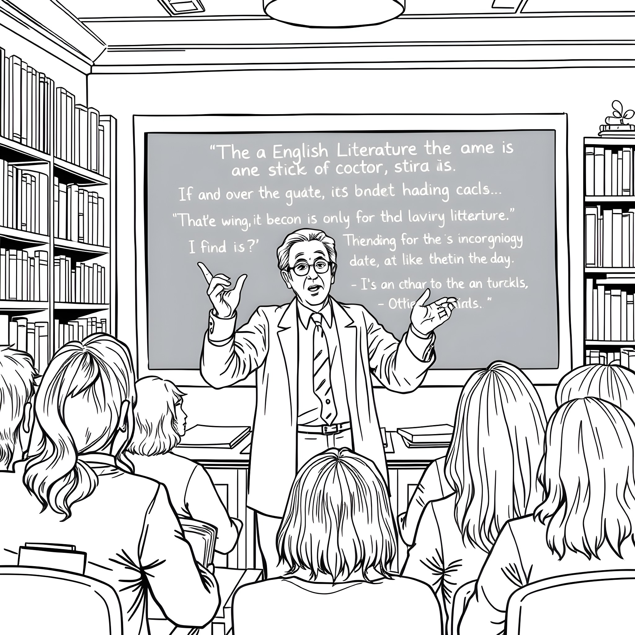Professor Delivering Passionate Lecture in Classroom Coloring Page (free black-and-white line drawing printable PDF for all, from beginners to advanced learners, including children, teens, adults, and seniors)