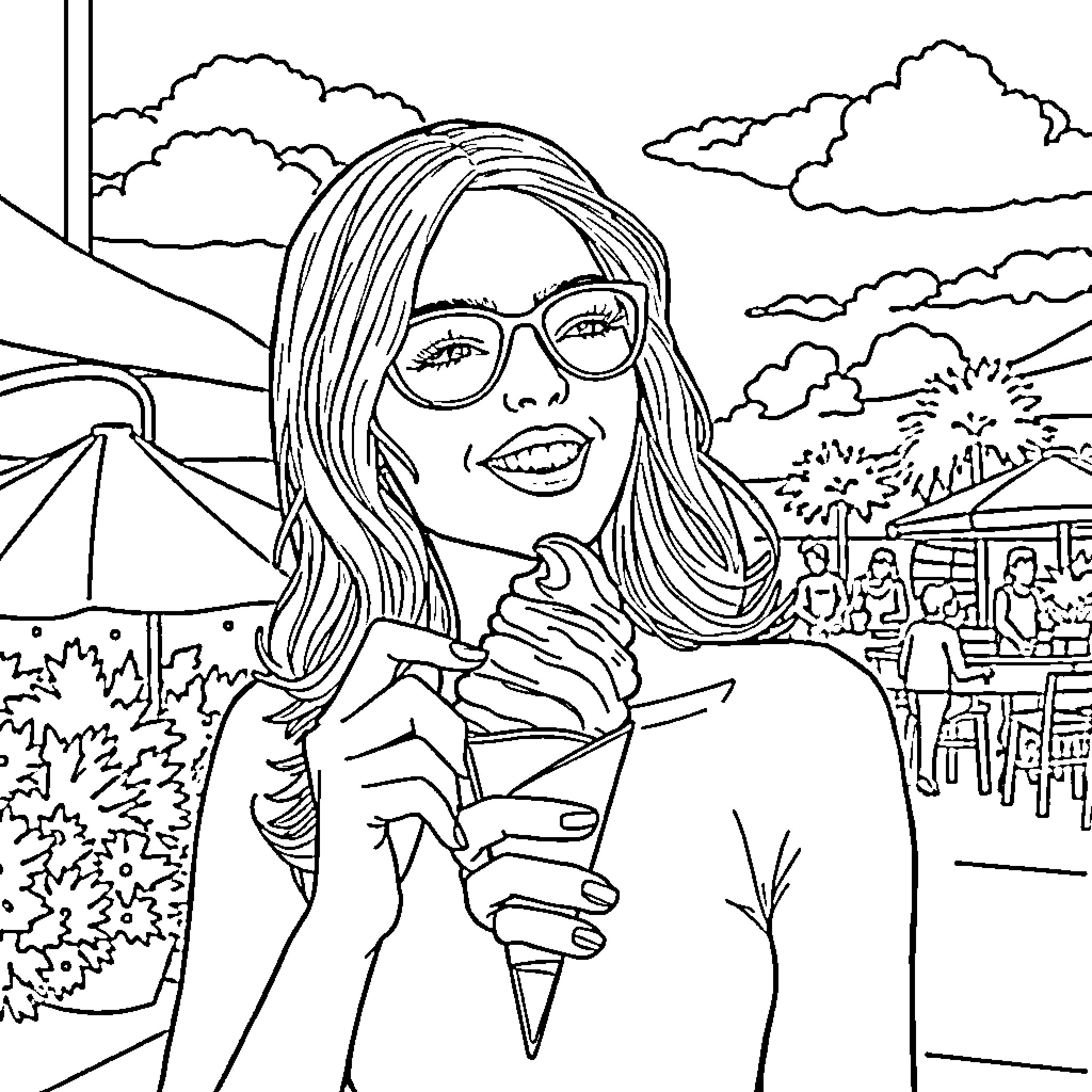 Woman smiling and holding a paper airplane in an outdoor scene Coloring Page (free black-and-white line drawing printable PDF for all, from beginners to advanced learners, including children, teens, adults, and seniors)