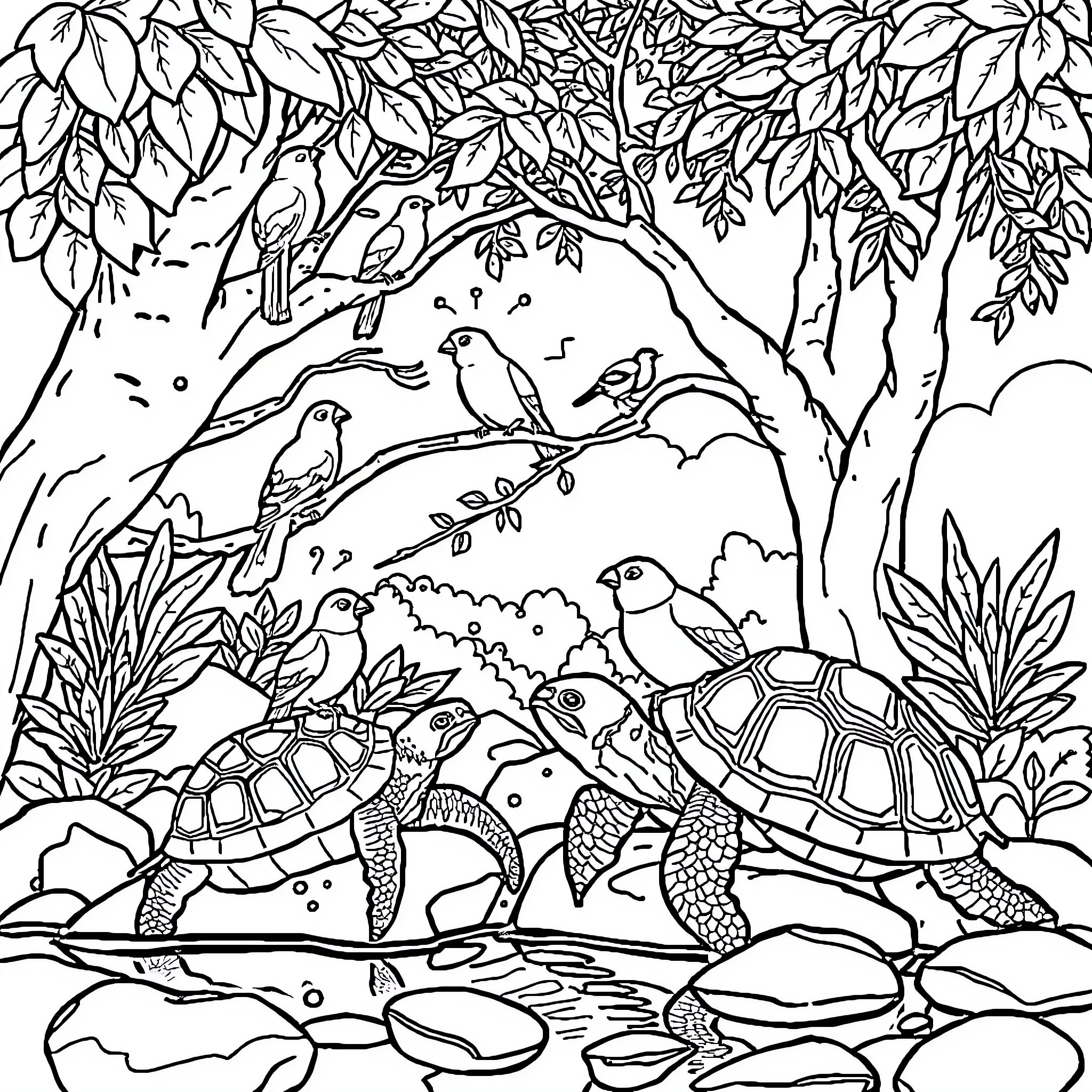 Bird Sanctuary with Diverse Wildlife and Foliage Coloring Page (free black-and-white line drawing printable PDF for all, from beginners to advanced learners, including children, teens, adults, and seniors)