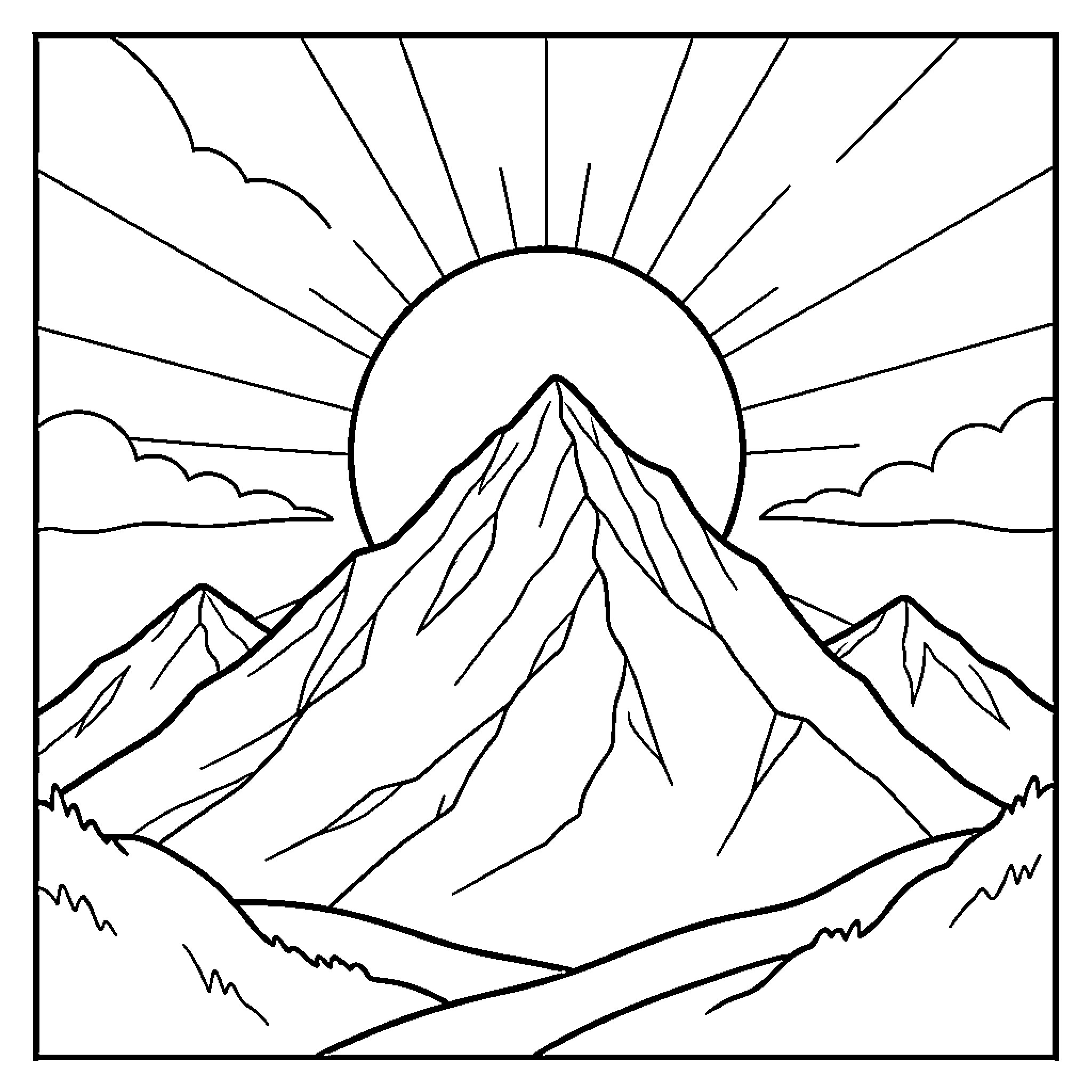 Mountain peaks standing tall under a rising sun Coloring Page (free black-and-white line drawing printable PDF for all, from beginners to advanced learners, including children, teens, adults, and seniors)