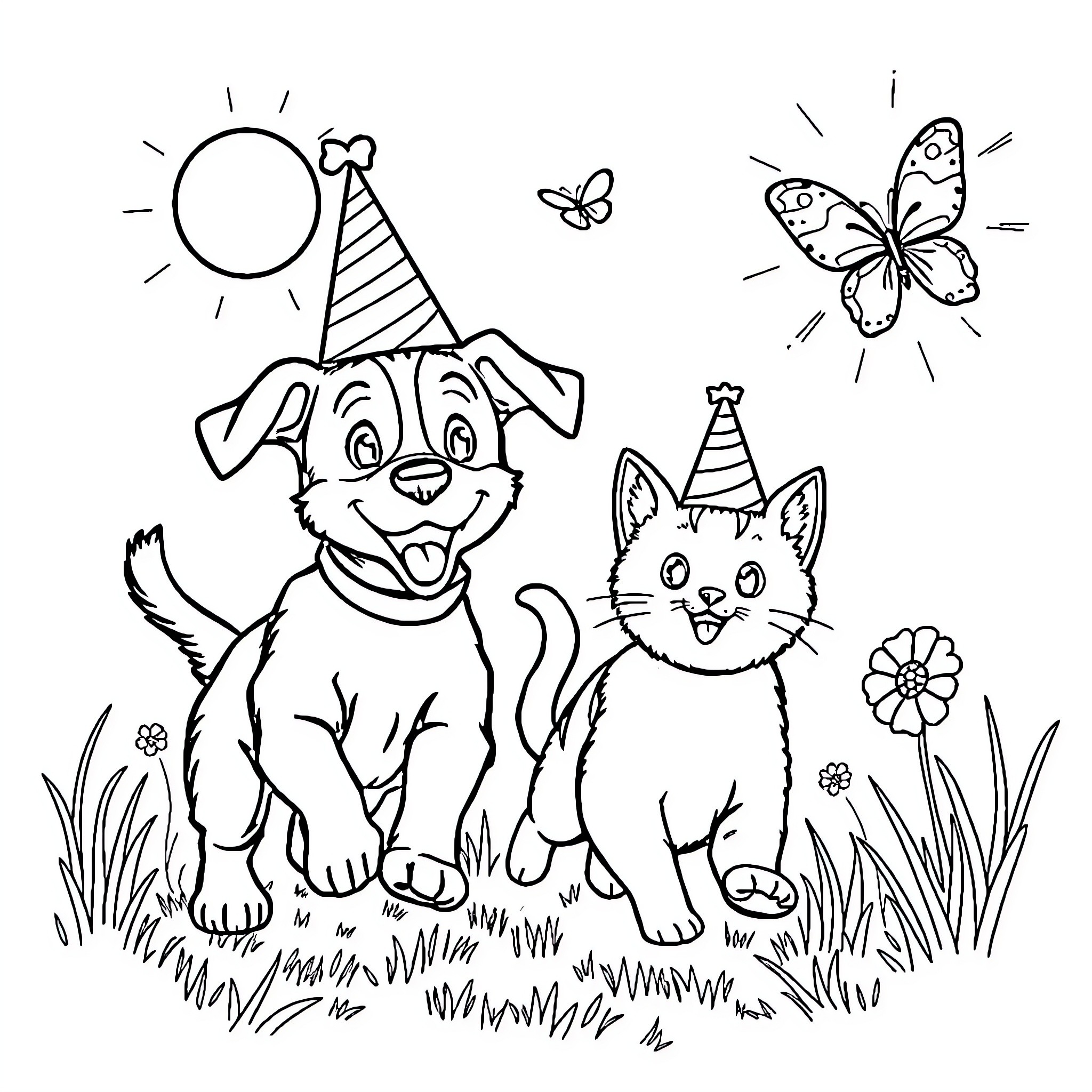 Dog and Cat Celebrating with Butterflies Coloring Page (free black-and-white line drawing printable PDF for all, from beginners to advanced learners, including children, teens, adults, and seniors)