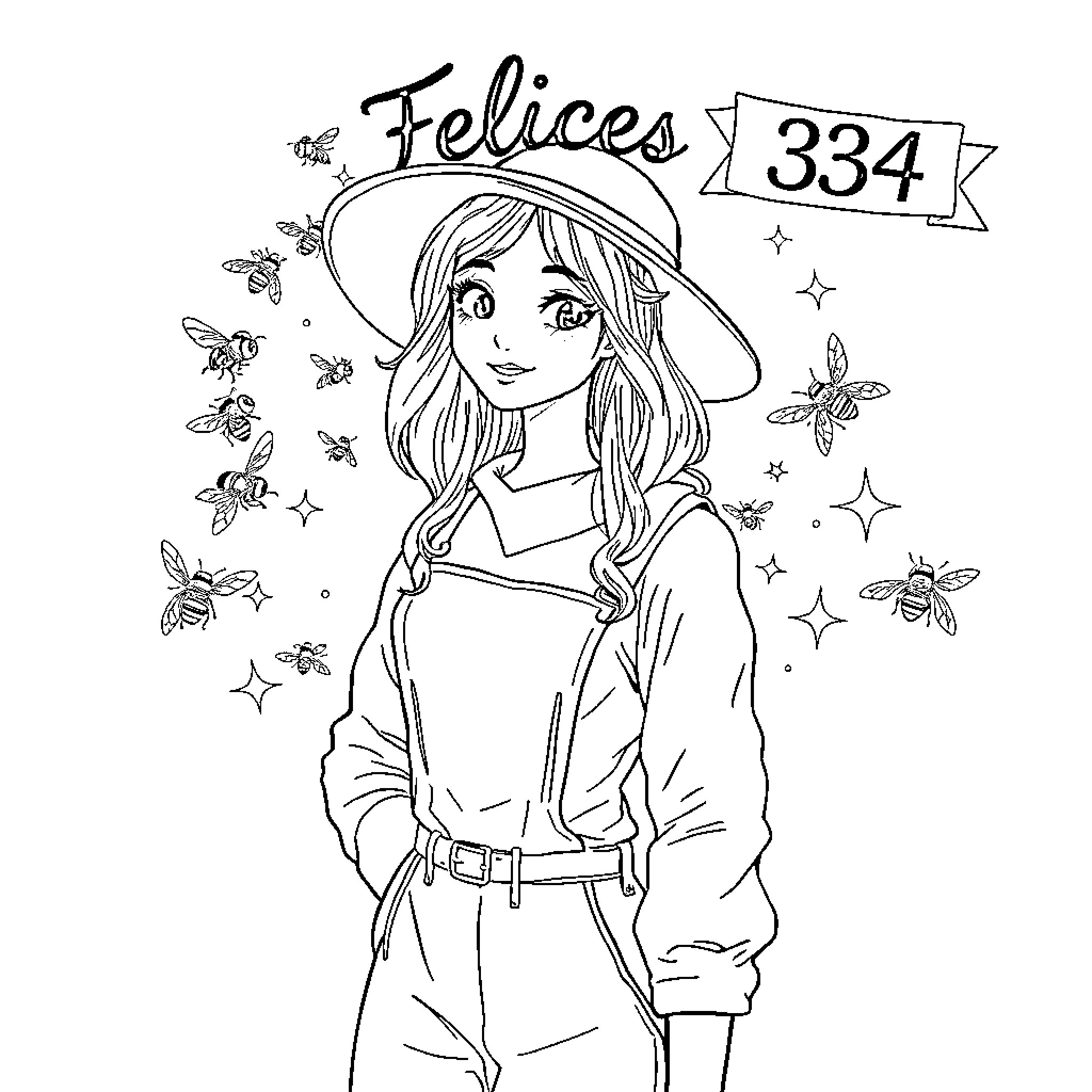 Girl in hat surrounded by butterflies and stars Coloring Page (free black-and-white line drawing printable PDF for all, from beginners to advanced learners, including children, teens, adults, and seniors)