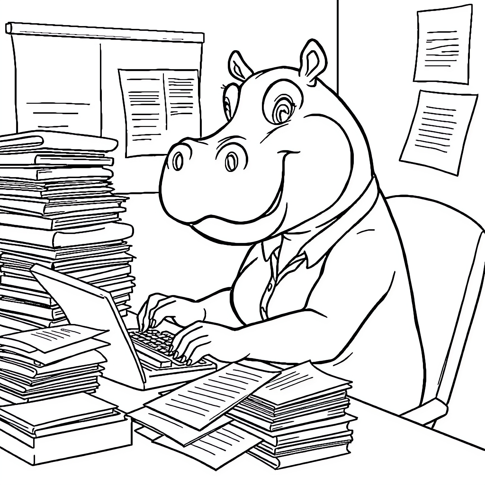Hippo working diligently at computer in office Coloring Page (free black-and-white line drawing printable PDF for all, from beginners to advanced learners, including children, teens, adults, and seniors)