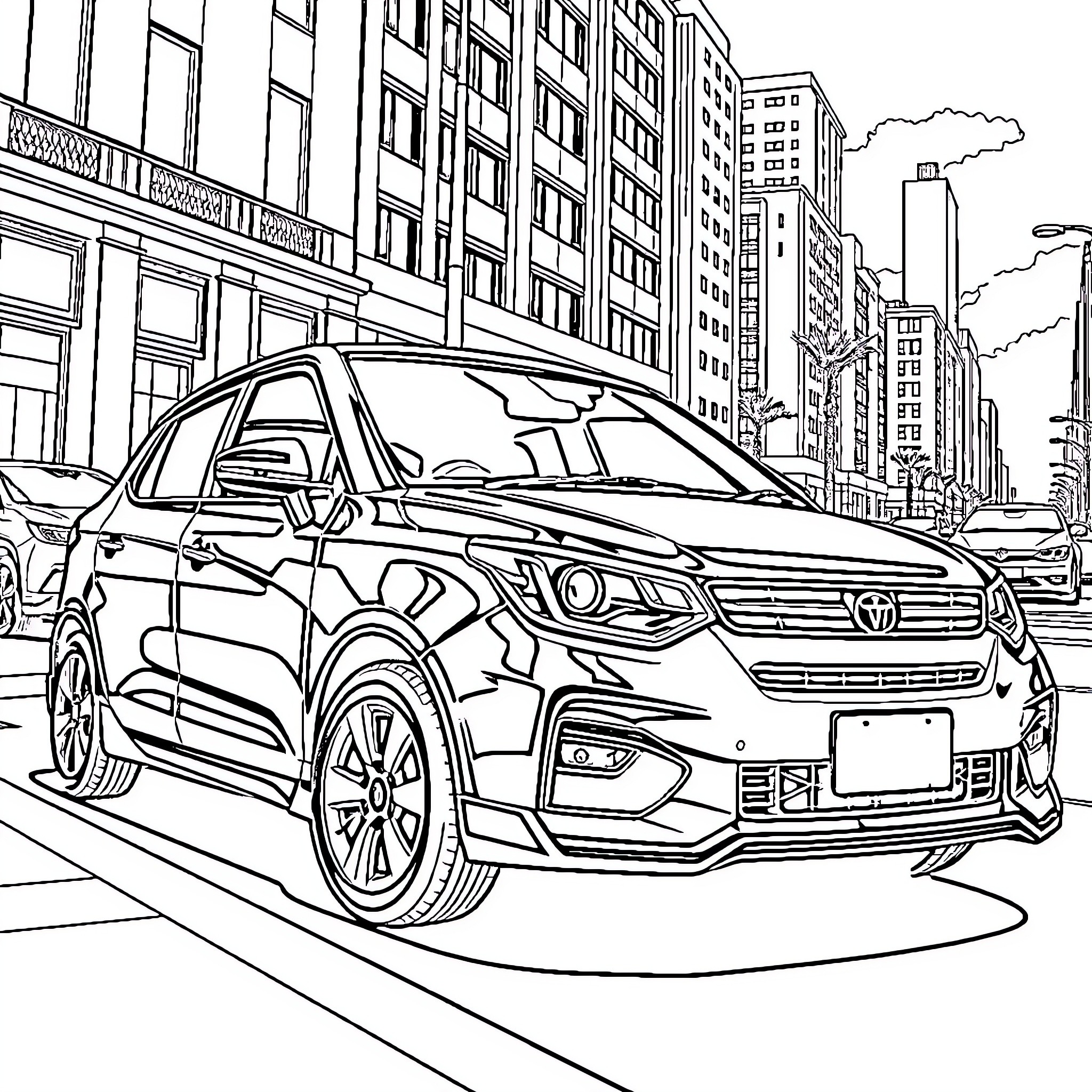 Proton Compact Crossover in Urban Cityscape Coloring Page (free black-and-white line drawing printable PDF for all, from beginners to advanced learners, including children, teens, adults, and seniors)