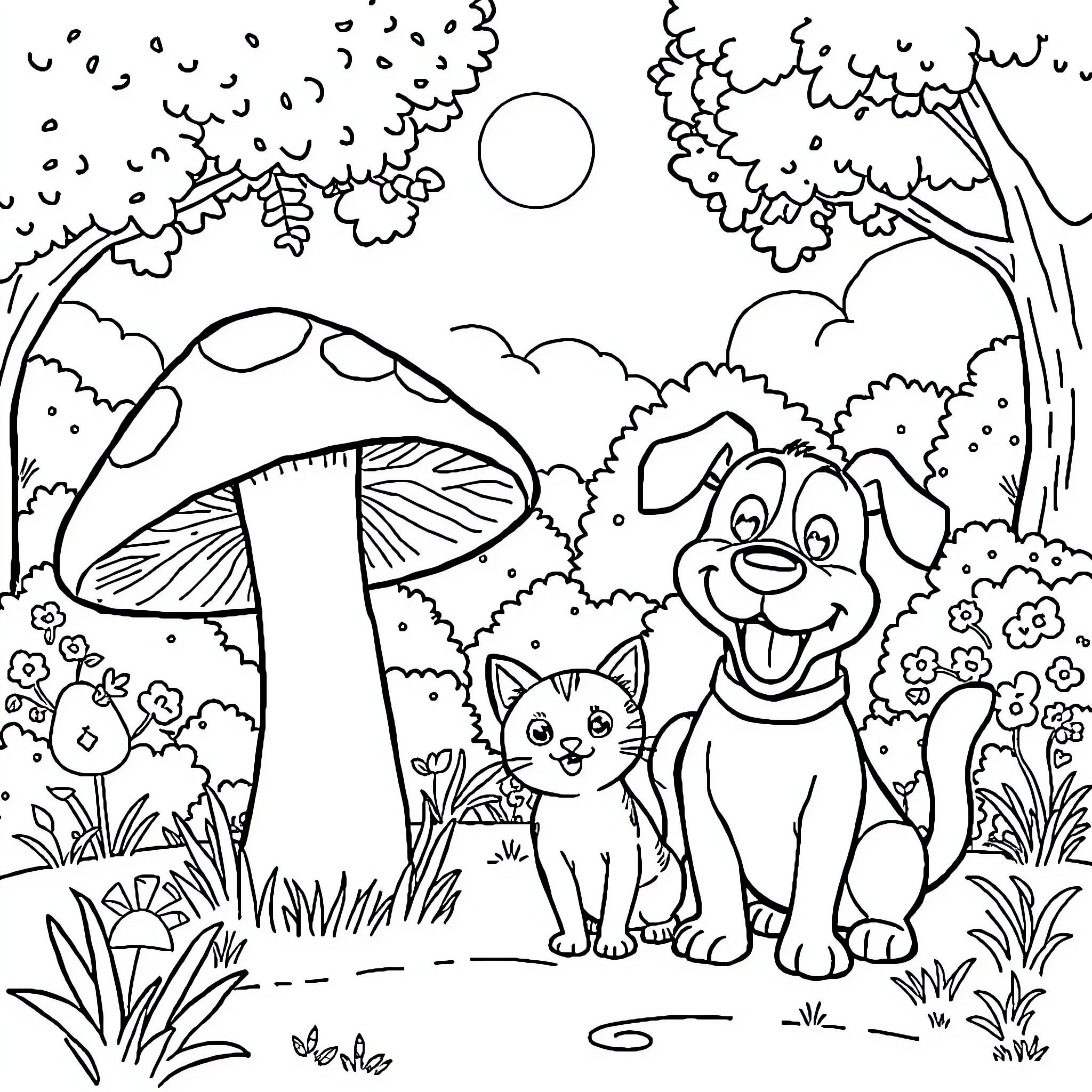 Mushroom friends in the whimsical forest Coloring Page (free black-and-white line drawing printable PDF for all, from beginners to advanced learners, including children, teens, adults, and seniors)