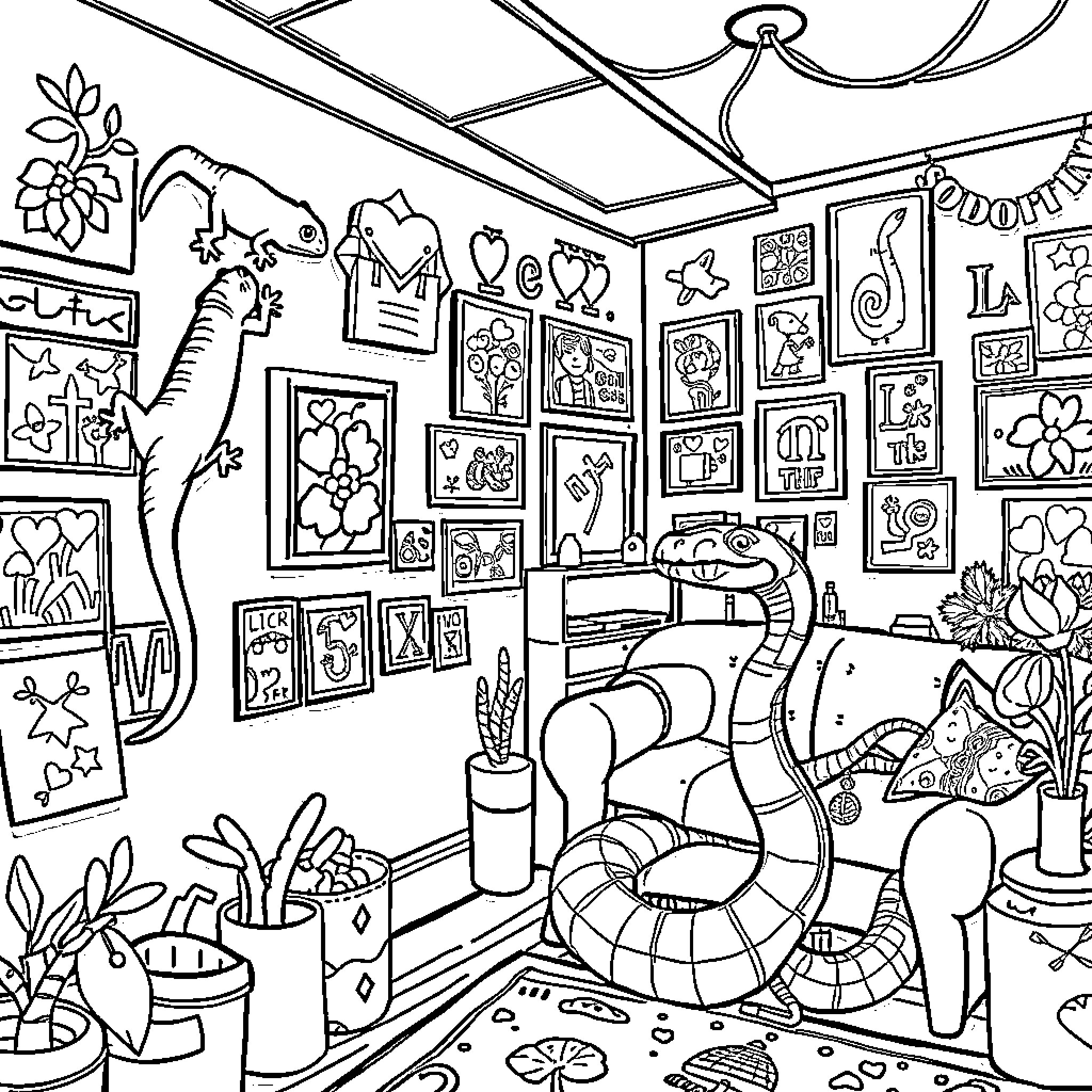 Gecko amidst artistic expressions in a creative environment Coloring Page (free black-and-white line drawing printable PDF for all, from beginners to advanced learners, including children, teens, adults, and seniors)