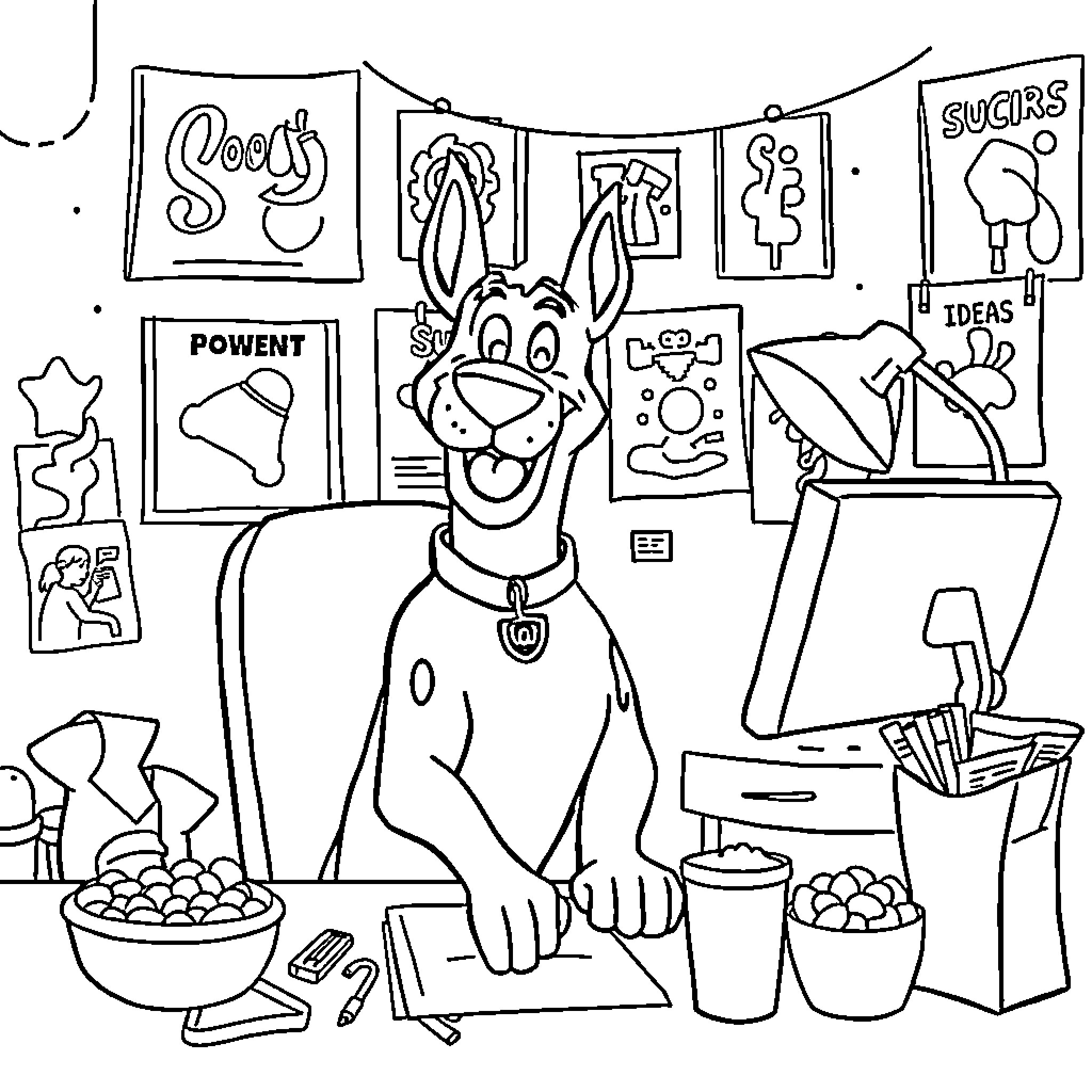 Scooby Doo's Artsy Adventures with Snacks and Crafts Coloring Page (free black-and-white line drawing printable PDF for all, from beginners to advanced learners, including children, teens, adults, and seniors)