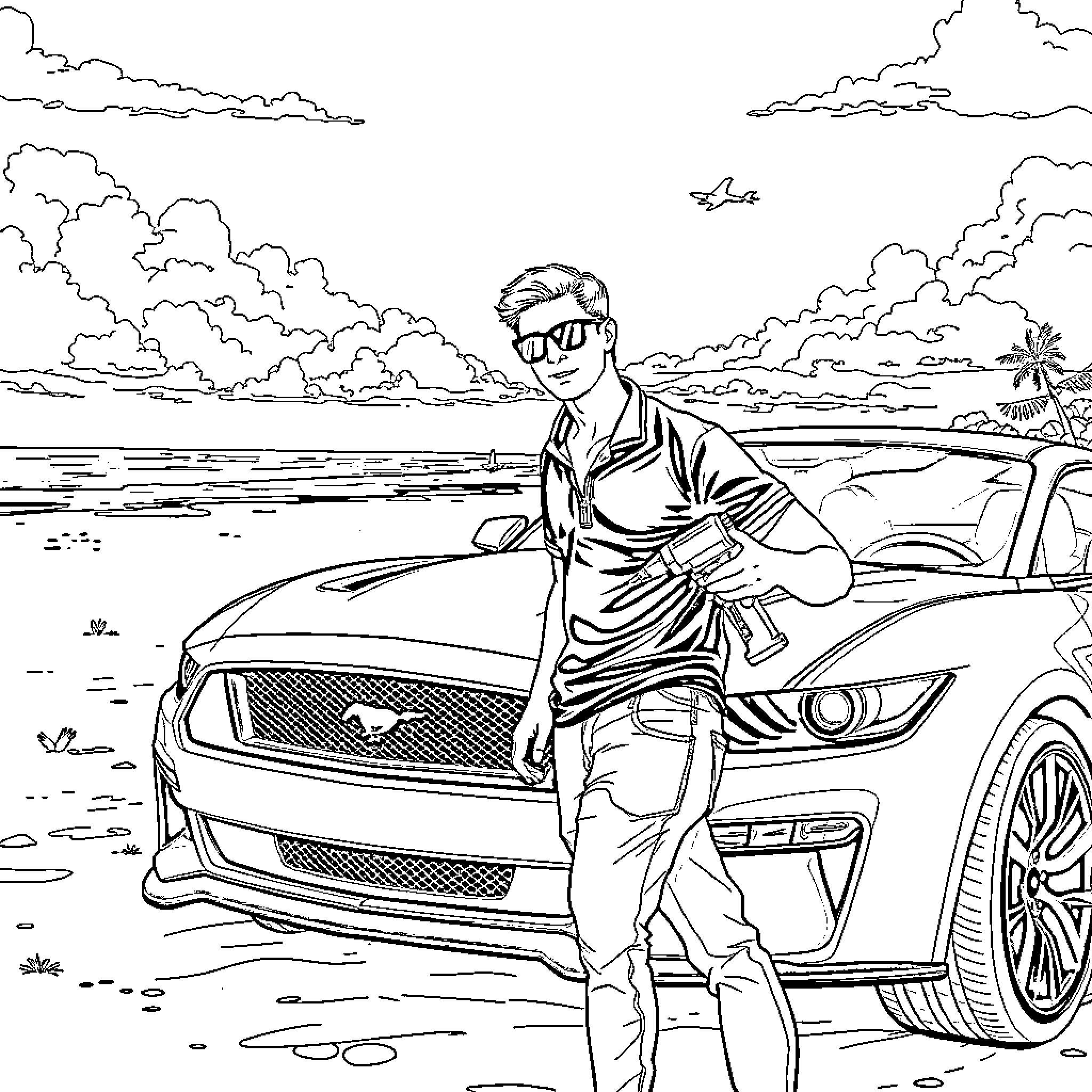 Guy posing confidently next to his sports car on the beach Coloring Page (free black-and-white line drawing printable PDF for all, from beginners to advanced learners, including children, teens, adults, and seniors)