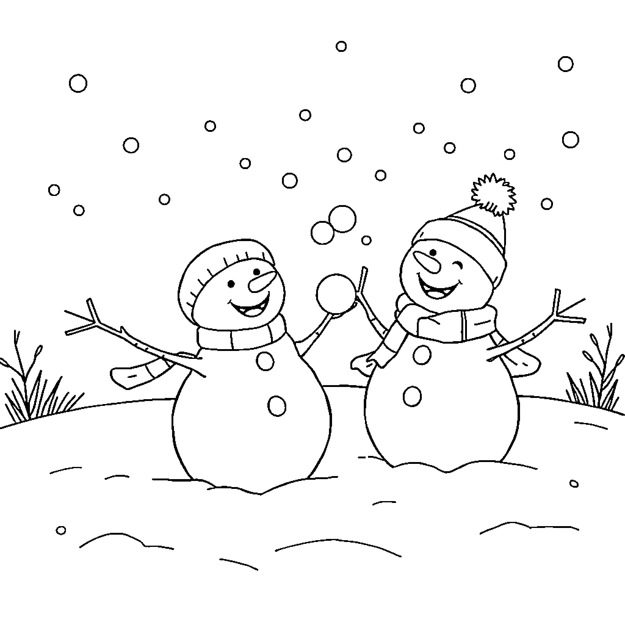 Snowman friends building snowballs in the winter wonderland Coloring Page (free black-and-white line drawing printable PDF for all, from beginners to advanced learners, including children, teens, adults, and seniors)