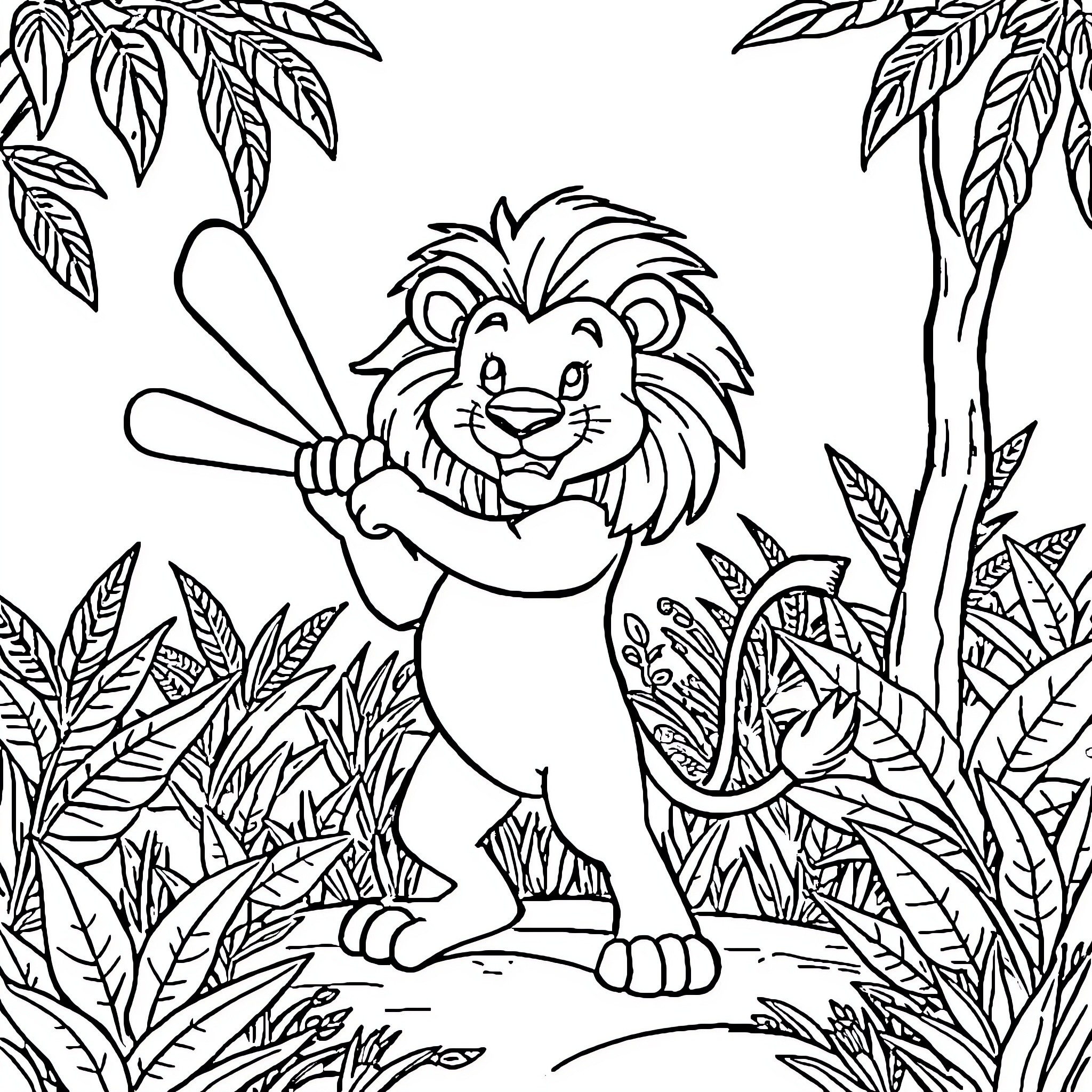 Lion exploring lush jungle landscape Coloring Page (free black-and-white line drawing printable PDF for all, from beginners to advanced learners, including children, teens, adults, and seniors)