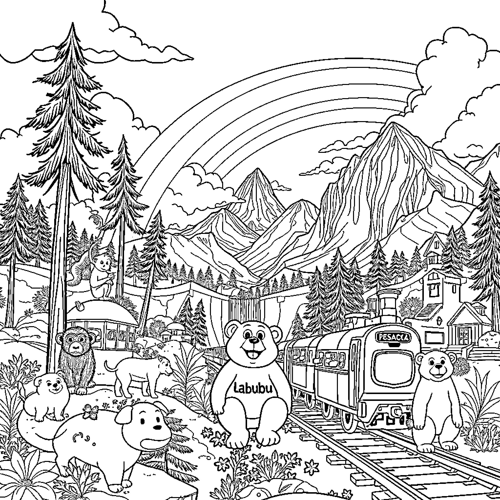 Monkey enjoying a scenic mountain landscape Coloring Page (free black-and-white line drawing printable PDF for all, from beginners to advanced learners, including children, teens, adults, and seniors)
